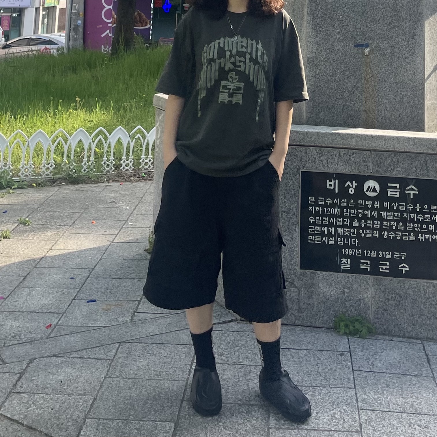 Polyteru Human Index Index Cargo Pants Black, Polyteru Human Index Human Loosed Half Zip Knit Gray 착용 스타일 - 1