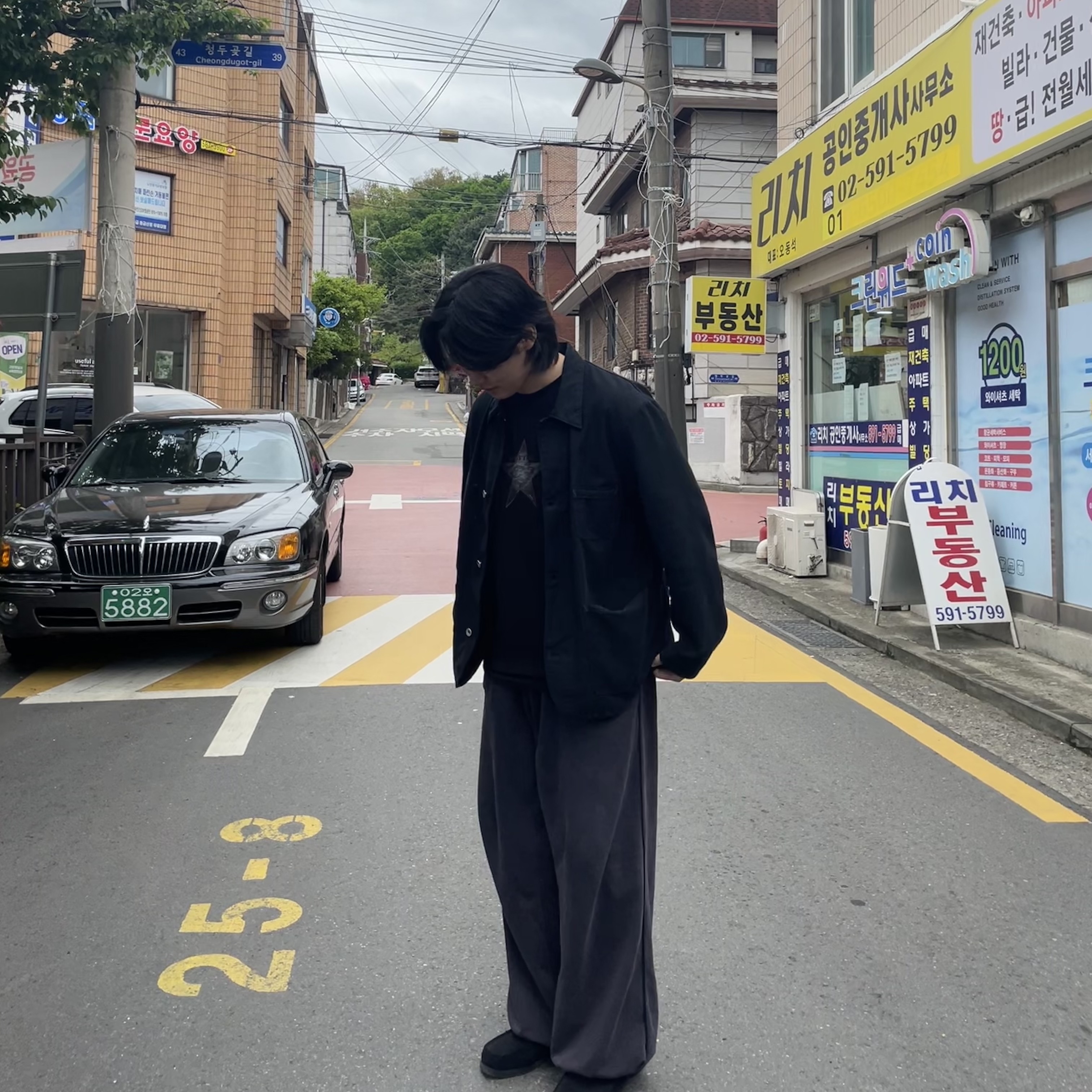 Polyteru 1011 Fatigue Sweatpants 1.2v Dark Purple Navy, Polyteru Chore Jacket (Coverall Jacket) 23 ver. Black 착용 스타일