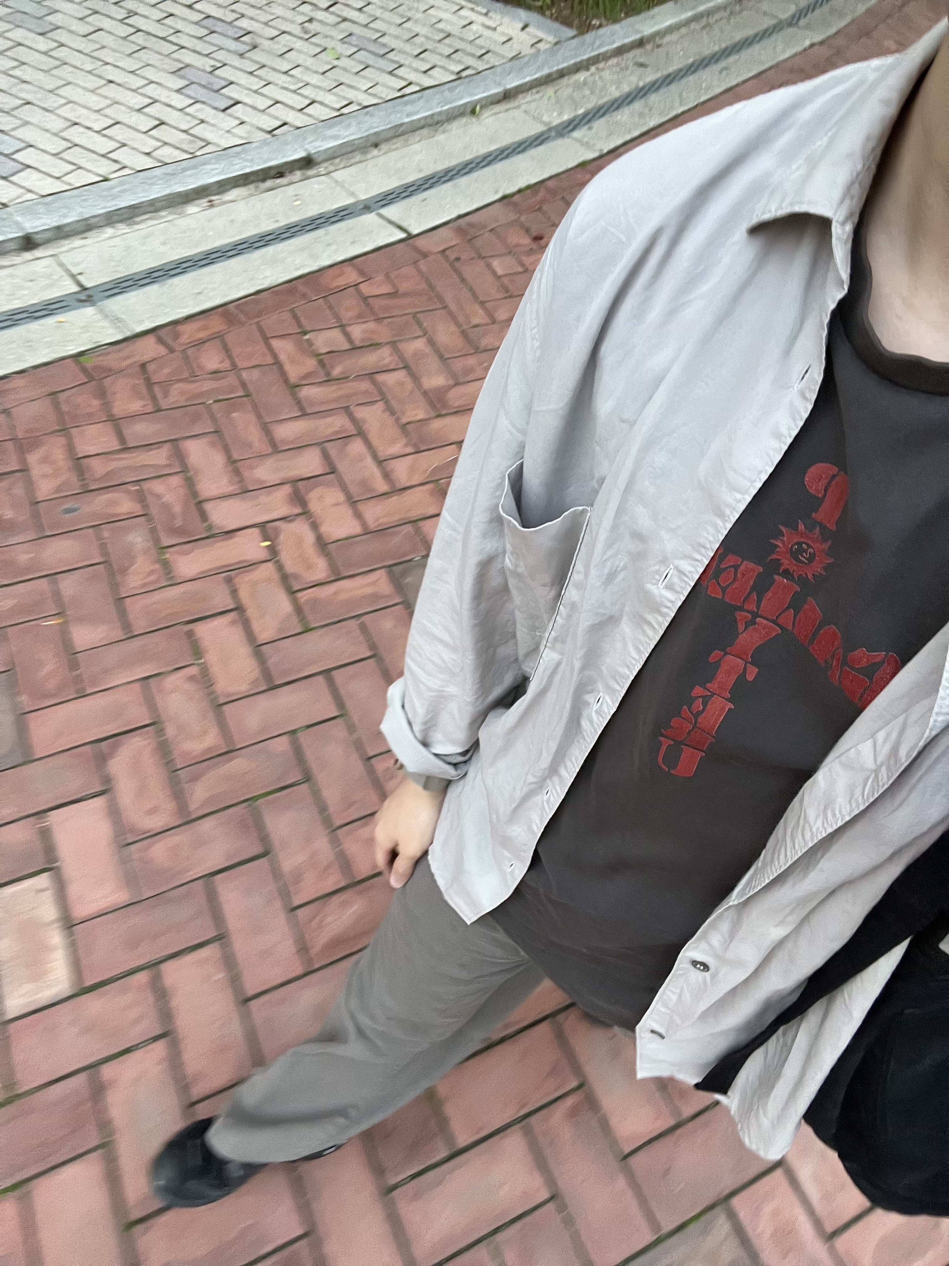 Polyteru 1011 1/2 Graphic T Shirt 'Cross Tee' Washed Charcoal Brown, Polyteru Tenco Loosed Shirt 2.0 Washed Gray 착용 스타일