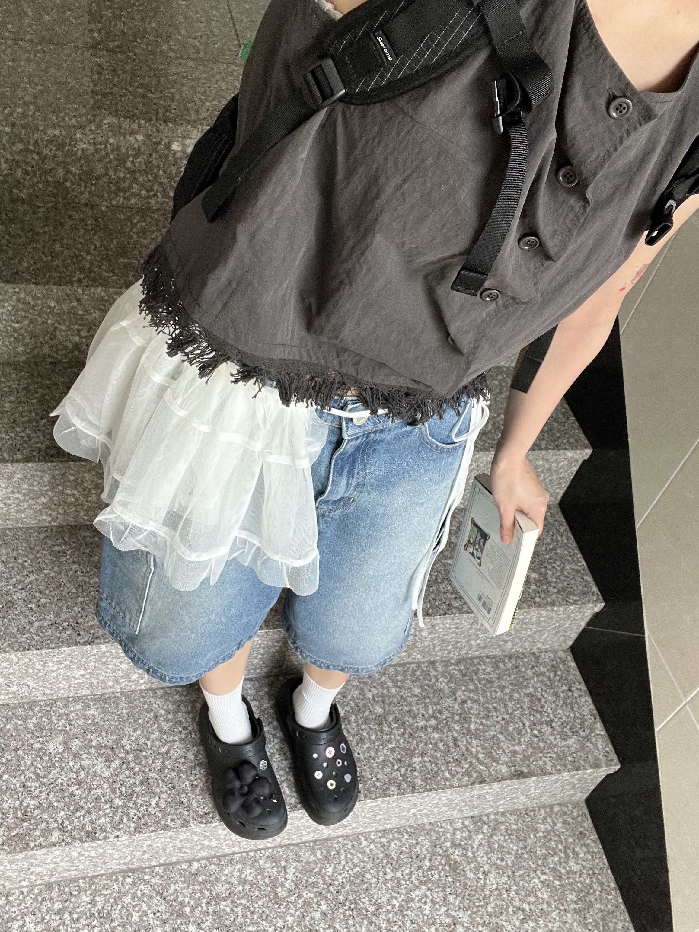 Crocs Classic Crush Clog Black, Supreme Backpack Black - 24SS 착용 스타일 - 3