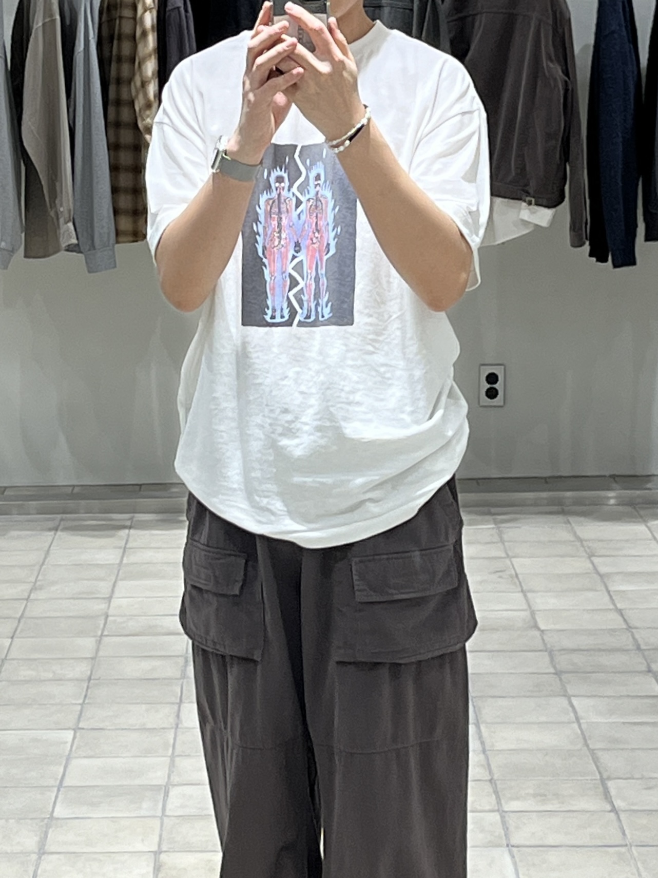 Polyteru Tenco Loosed Shirt 2.0 Dyed Purple Gray, Polyteru 1/2 Graphic T-Shirt 'Skull Couple' White 착용 스타일 - 2