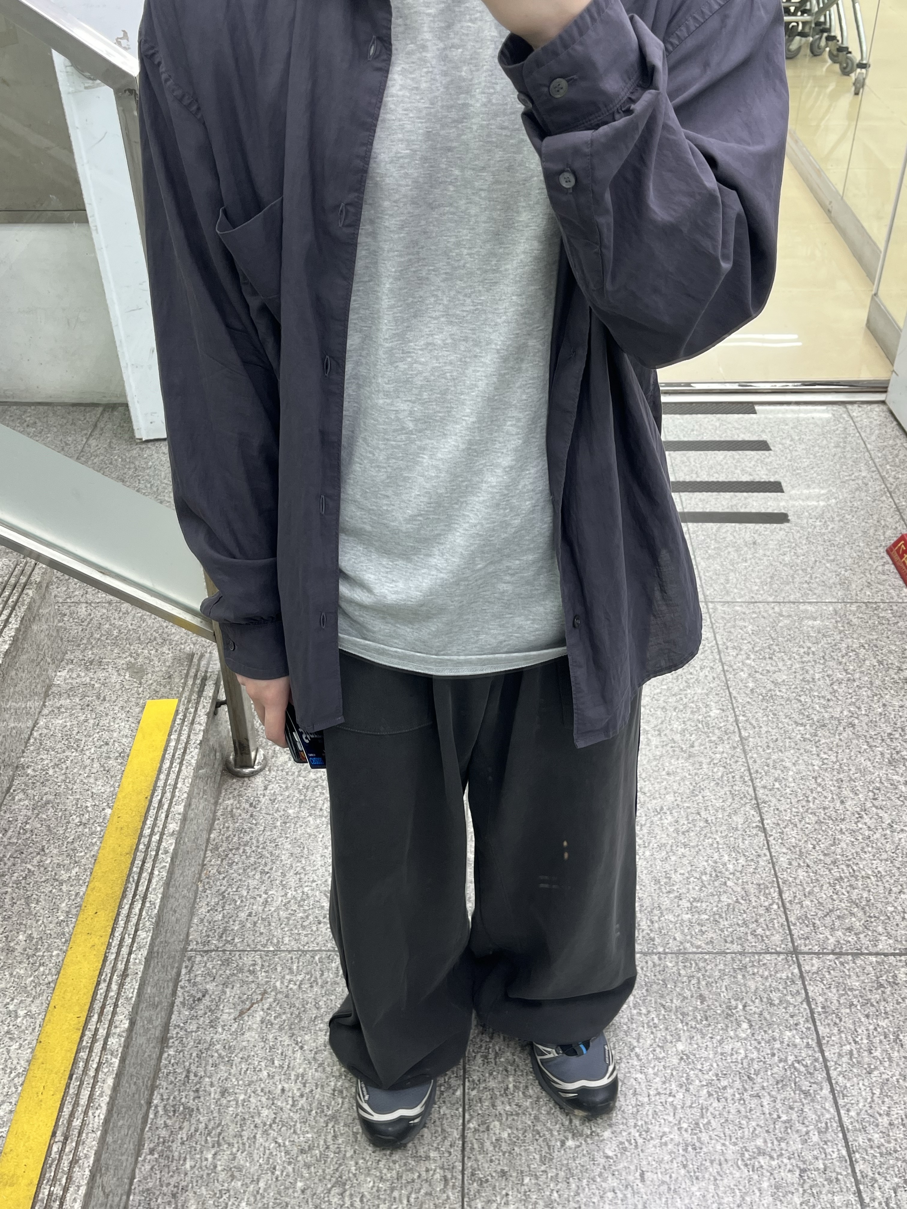Polyteru Tenco Loosed Shirt 2.0 Dyed Purple Gray, Polyteru Human Index Index Cargo Pants Black 착용 스타일 - 1