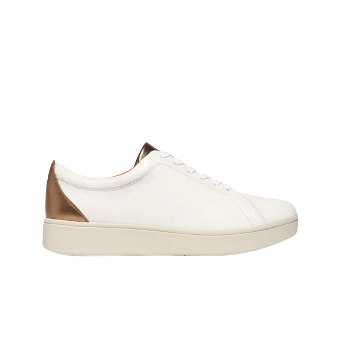 (W) 핏플랍 랠리 메탈릭 백탭 레더 트레이너 어반 화이트 브론즈((W) FITFLOP Rally Metallic Backtab Leather Trainers Urban White Bronze)