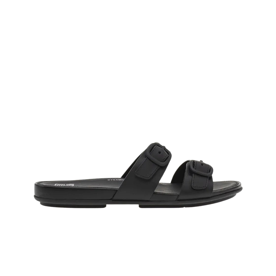 FV1-090 (W) FITFLOP Gracie Rubber Buckle Two Bar Leather Slides All Black