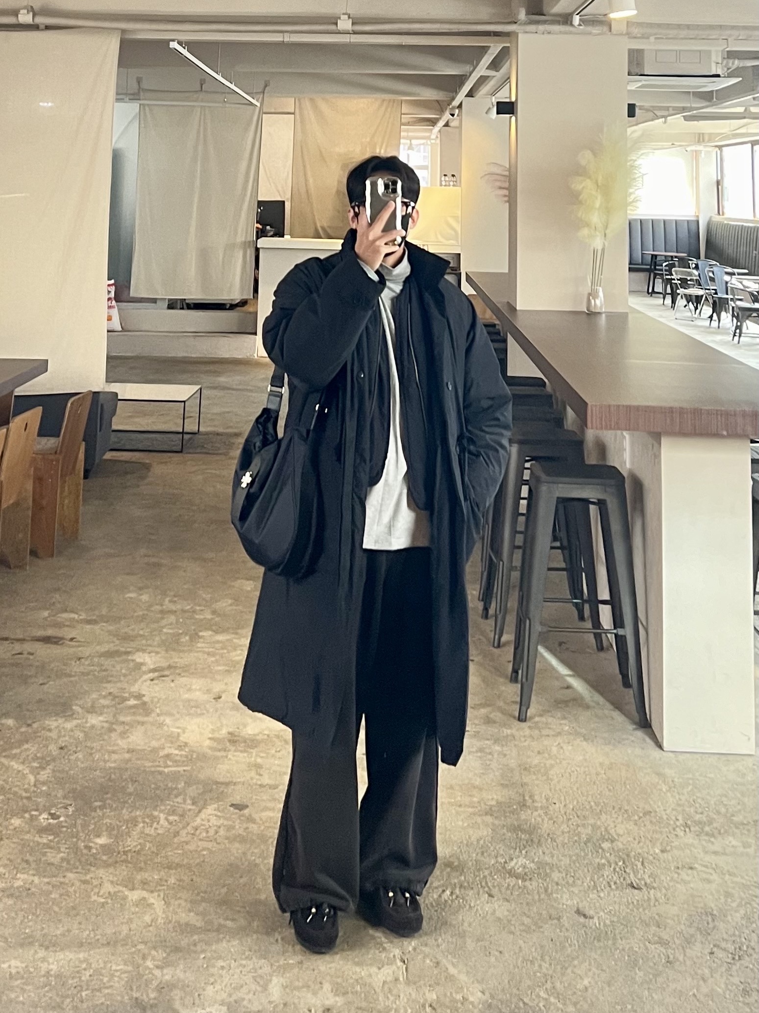 Polyteru Reversible Liner Jacket Black + Blue 002, Polyteru Heavy Dell Coat Black 착용 스타일 - 1