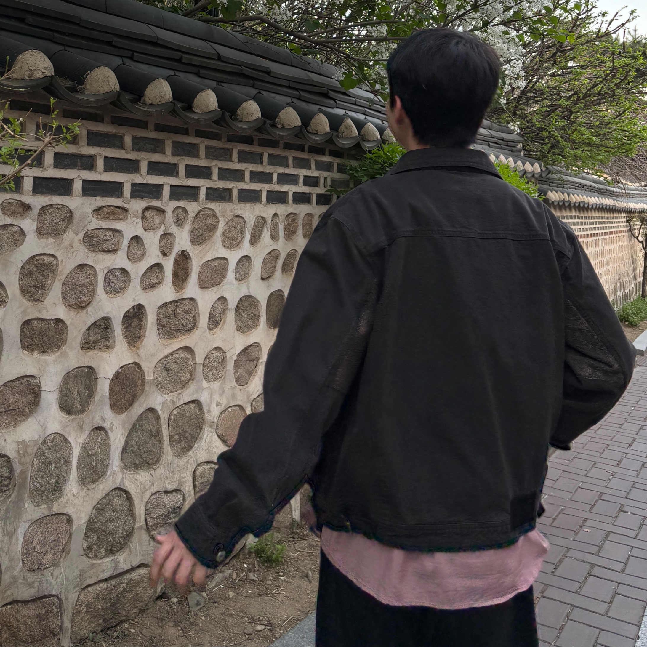 폴리테루 텐코 루즈드 셔츠 2.0 다이드 다크 핑크, 폴리테루 휴먼인덱스 휴먼 레귤러 1/2 티셔츠 다이드 블루 착용 스타일 - 1