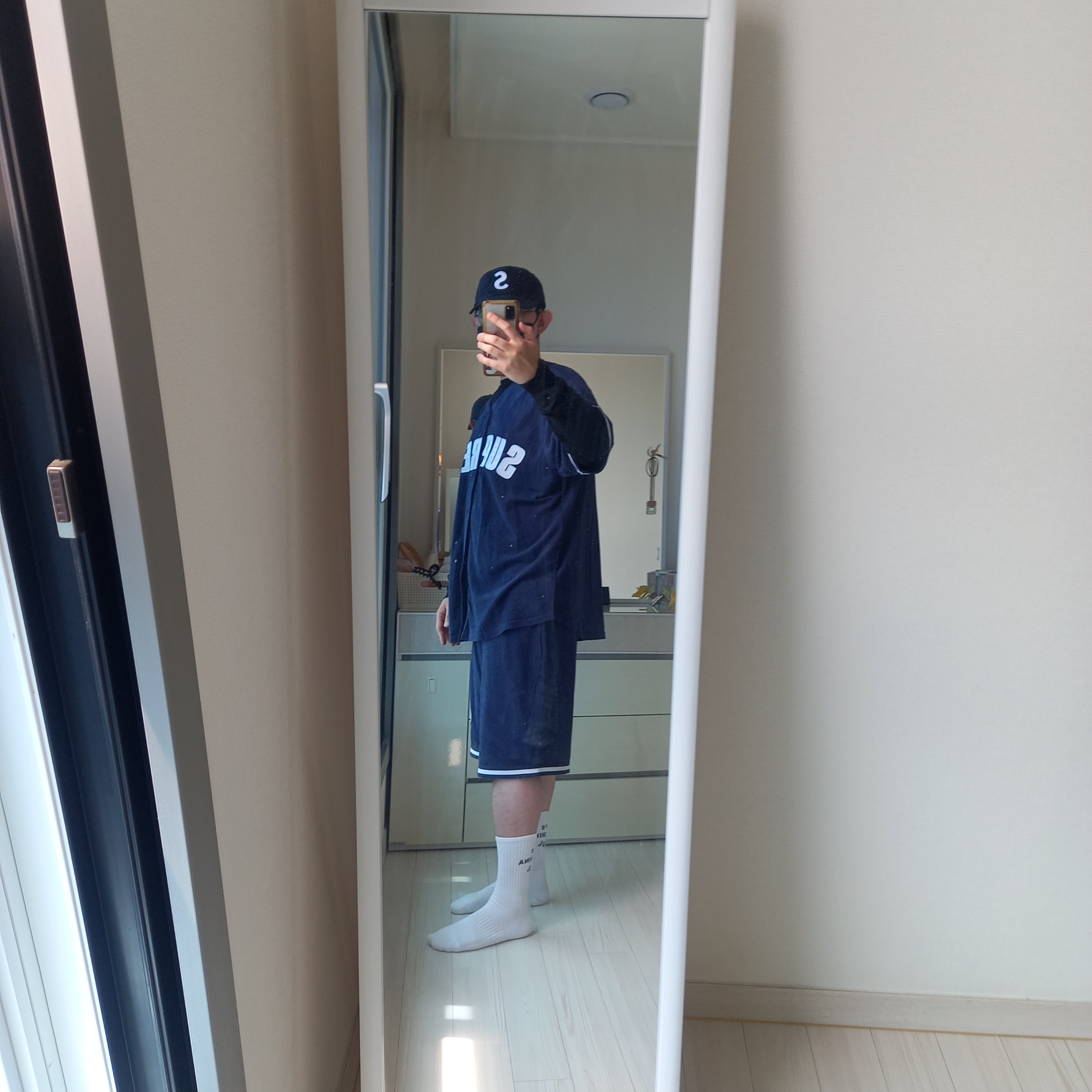 Supreme Ultrasuede Mesh Short Navy - 24SS, Supreme Ultrasuede Mesh Baseball Jersey Navy - 24SS 착용 스타일 - 2