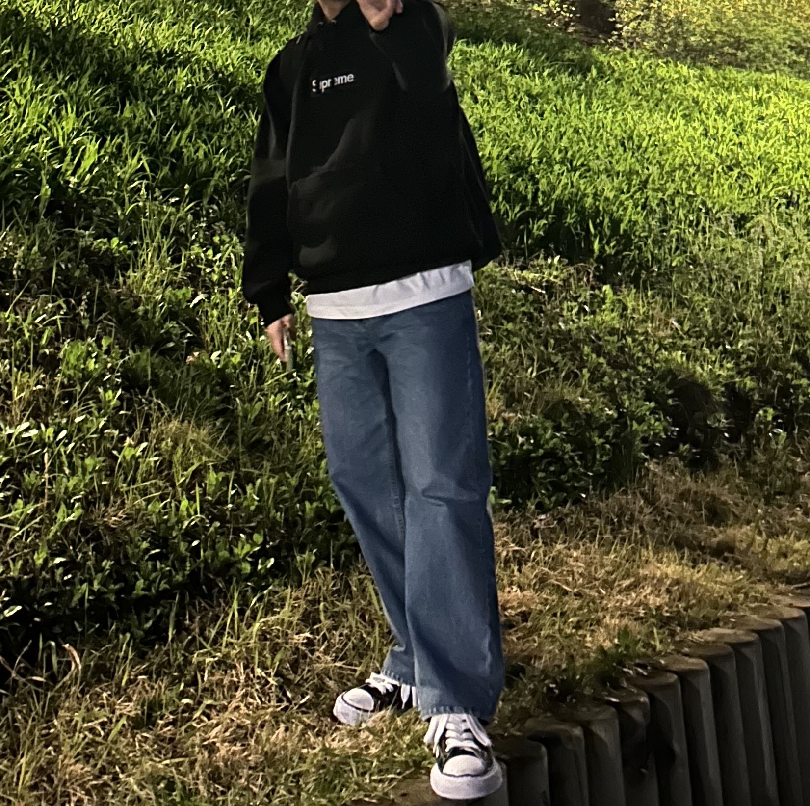 Maison Mihara Yasuhiro Peterson OG Sole Canvas Low Sneakers Black, Supreme Box Logo Hooded Sweatshirt Black - 23FW 착용 스타일