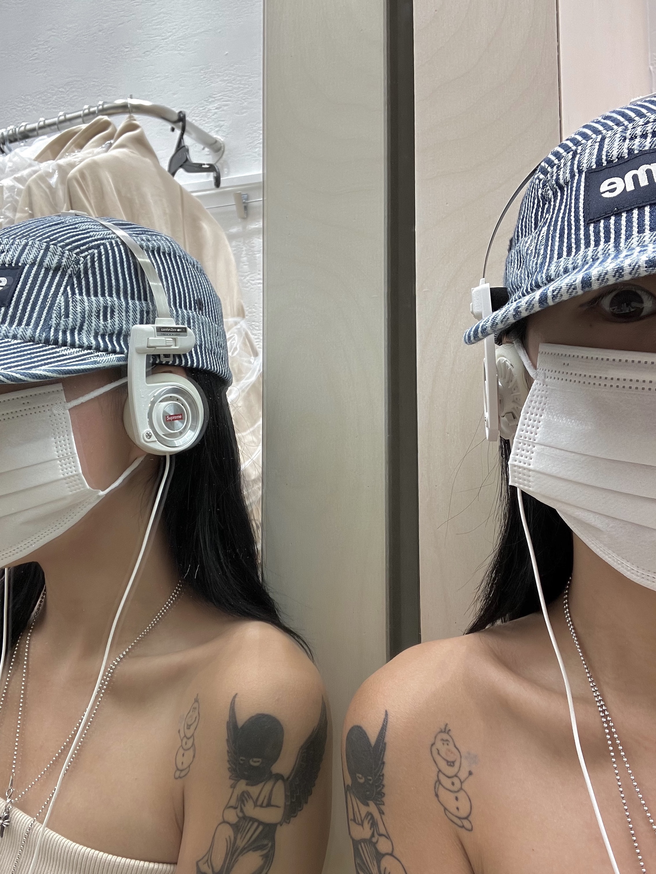Supreme Denim Camp Cap Stripe - 24SS, Supreme x Koss Portapro Headphones White - 23FW 착용 스타일