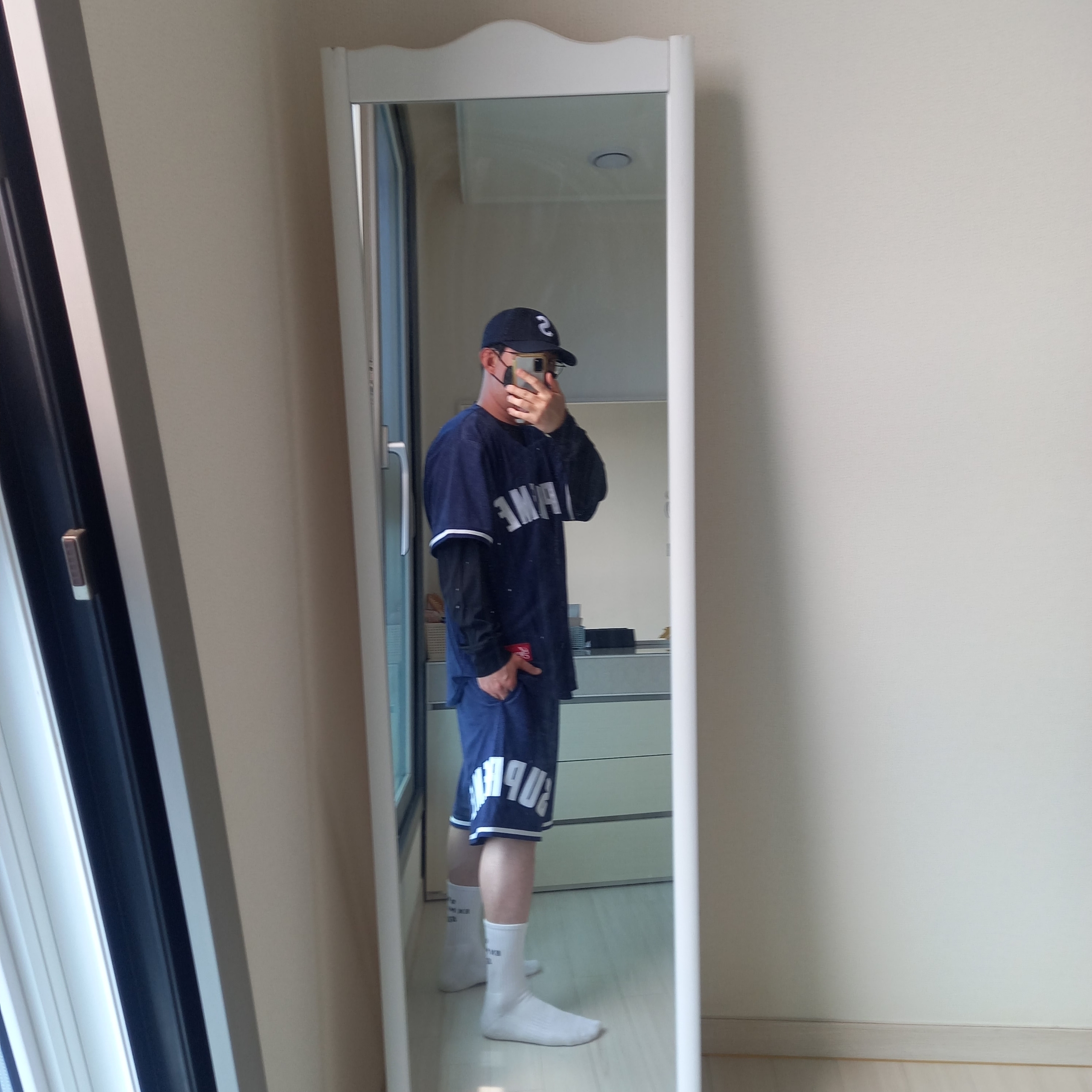 Supreme Ultrasuede Mesh Short Navy - 24SS, Supreme Ultrasuede Mesh Baseball Jersey Navy - 24SS 착용 스타일 - 3
