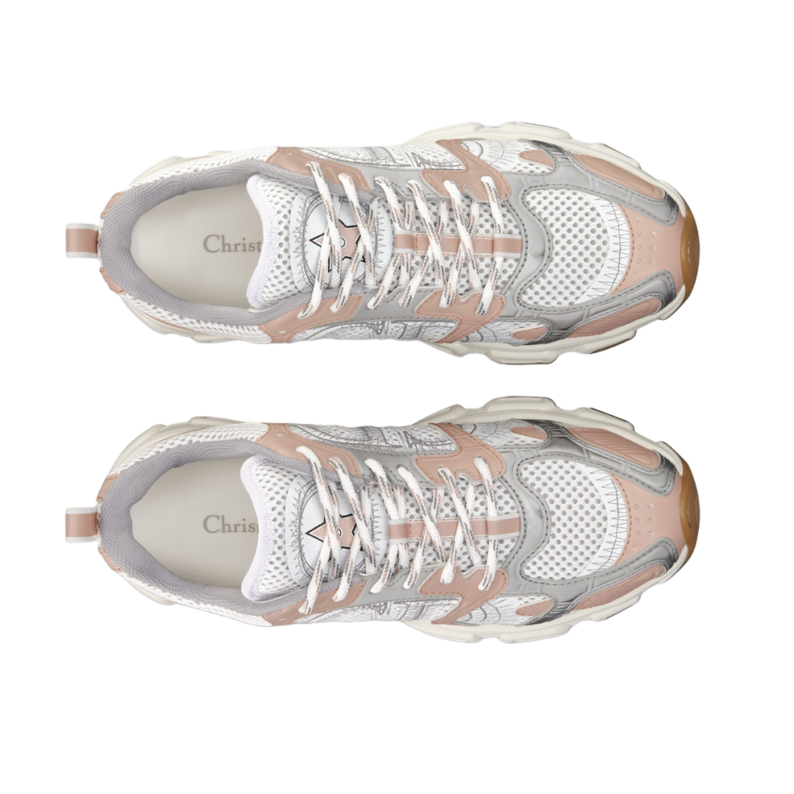 (W) Dior Chrono Sneakers Mesh Laminated Leather White Nude Silver 상세 이미지 2