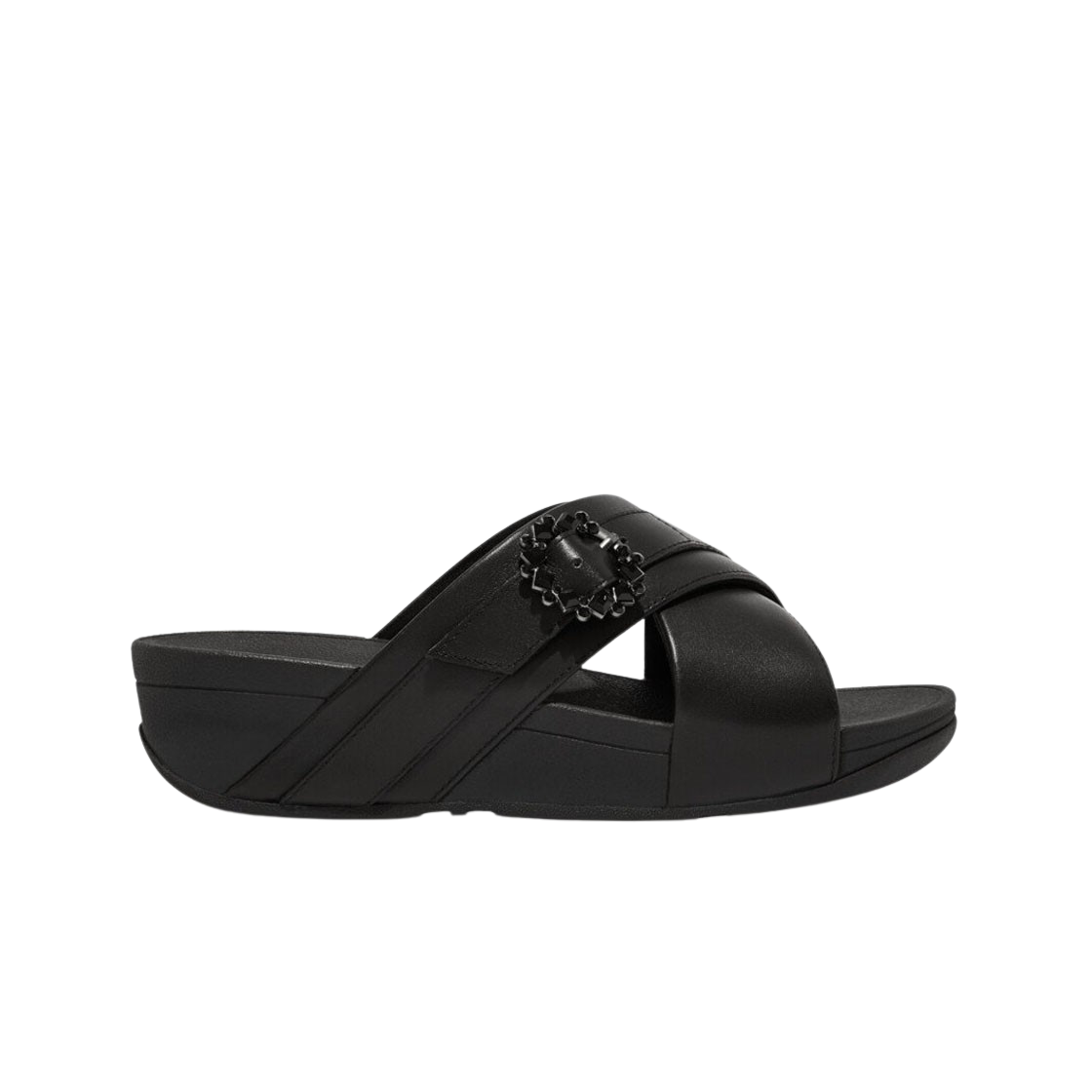 FC5-090 (W) FITFLOP Lulu Crystal Buckle Leather Cross Slides All Black