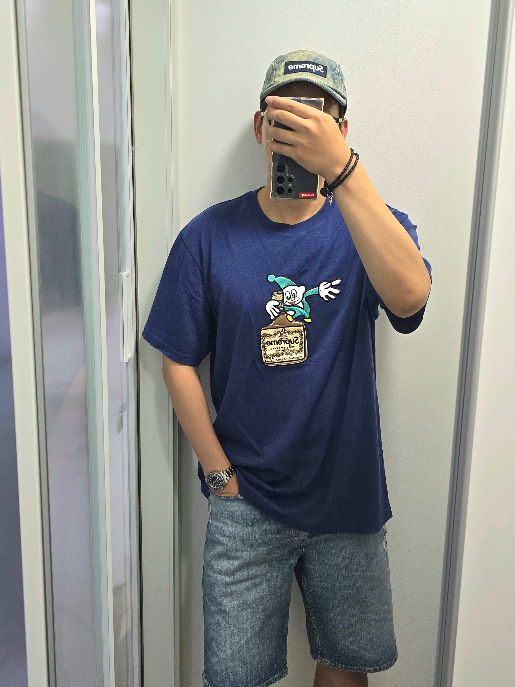 (W) Jordan 1 x Travis Scott Retro Low OG SP Canary, Supreme Elf S/S Top Dark Royal - 23FW 착용 스타일 - 2