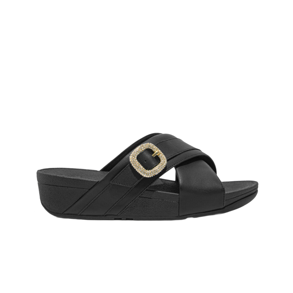 (W) 핏플랍 루루 크리스탈 버클 레더 크로스 슬라이드 블랙((W) FITFLOP Lulu Crystal Buckle Leather Cross Slides Black)