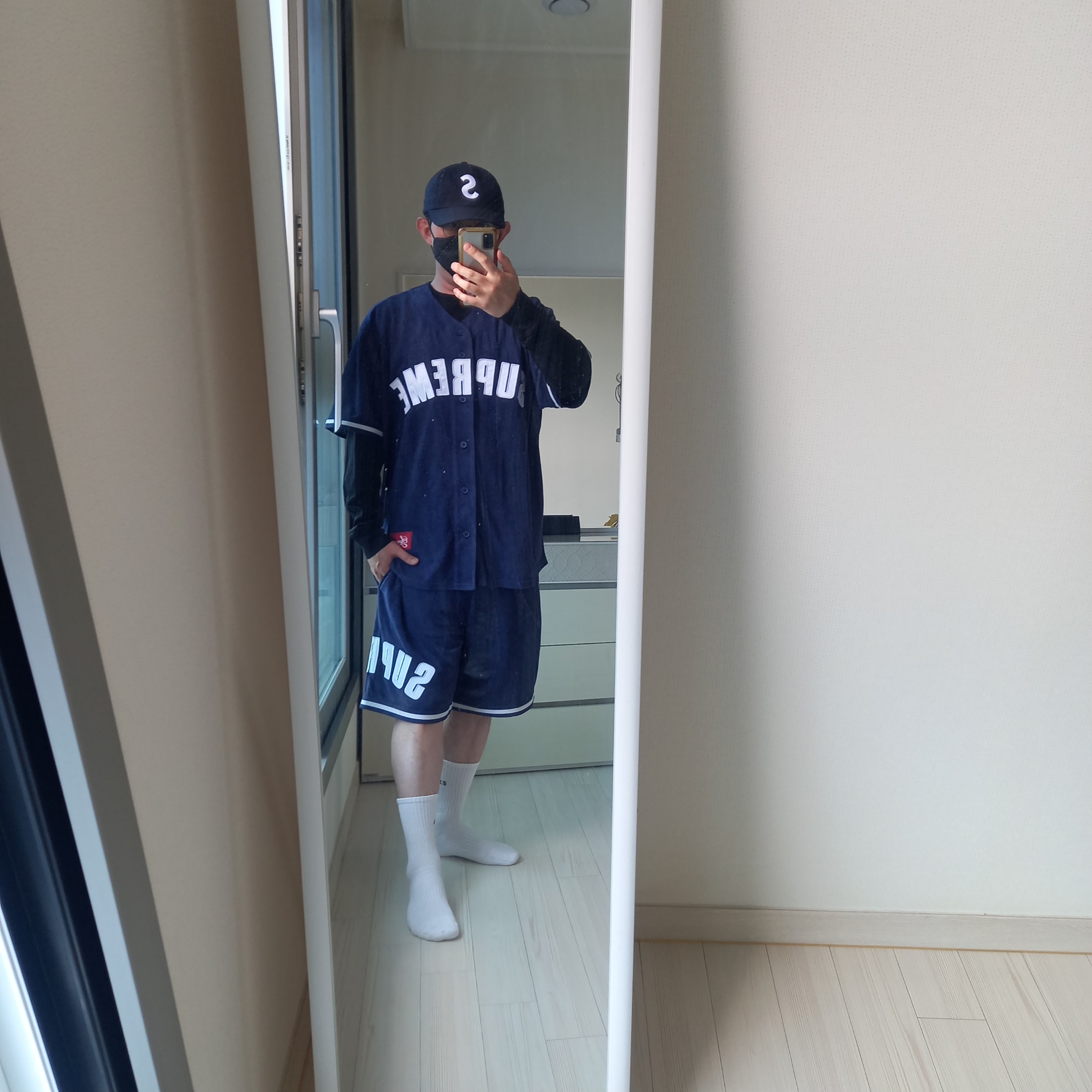 Supreme Ultrasuede Mesh Short Navy - 24SS, Supreme Ultrasuede Mesh Baseball Jersey Navy - 24SS 착용 스타일 - 1