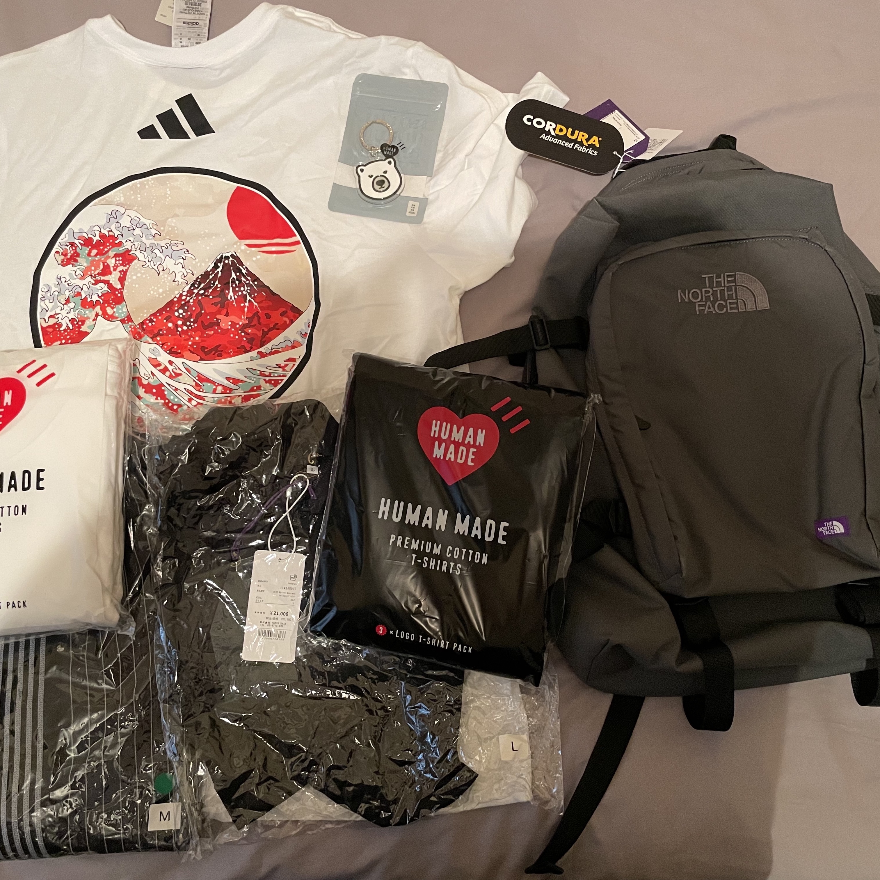 The North Face Purple Label Cordura Nylon Day Pack Asphalt Gray, Human Made Acrylic Animal Keyring White 착용 스타일