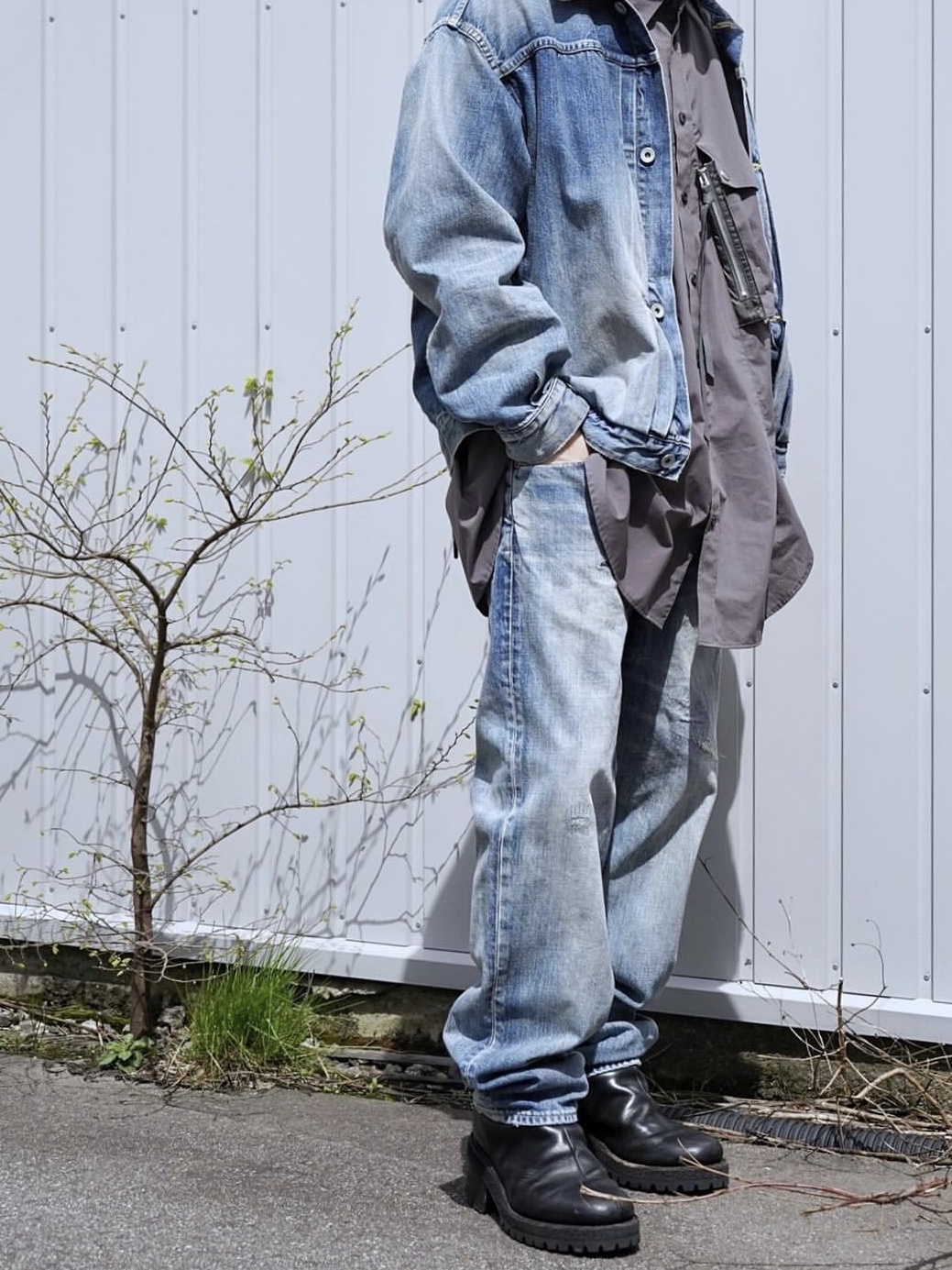 Marka Type1 Denim Jacket Bleached 착용 스타일 - 1