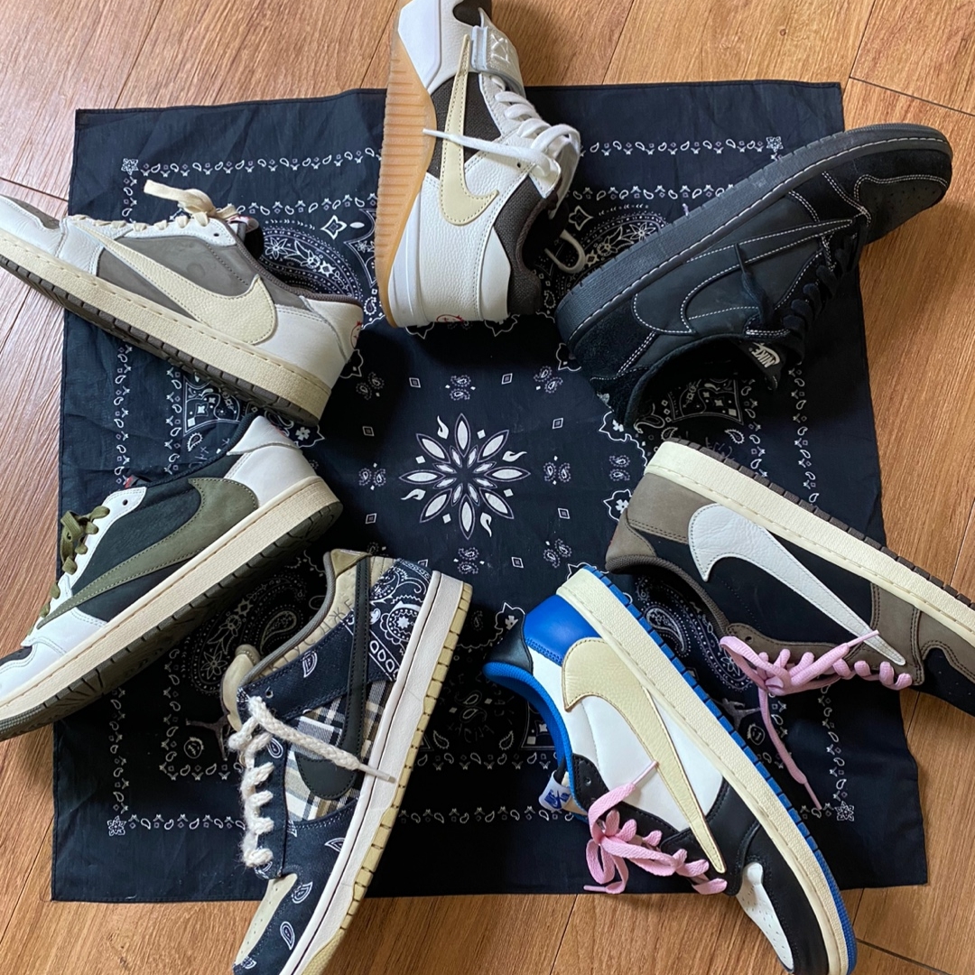 Jordan x Travis Scott Jumpman Jack TR Sail and Dark Mocha, Jordan 1 x Travis Scott x Fragment Retro Low OG SP Military Blue 착용 스타일