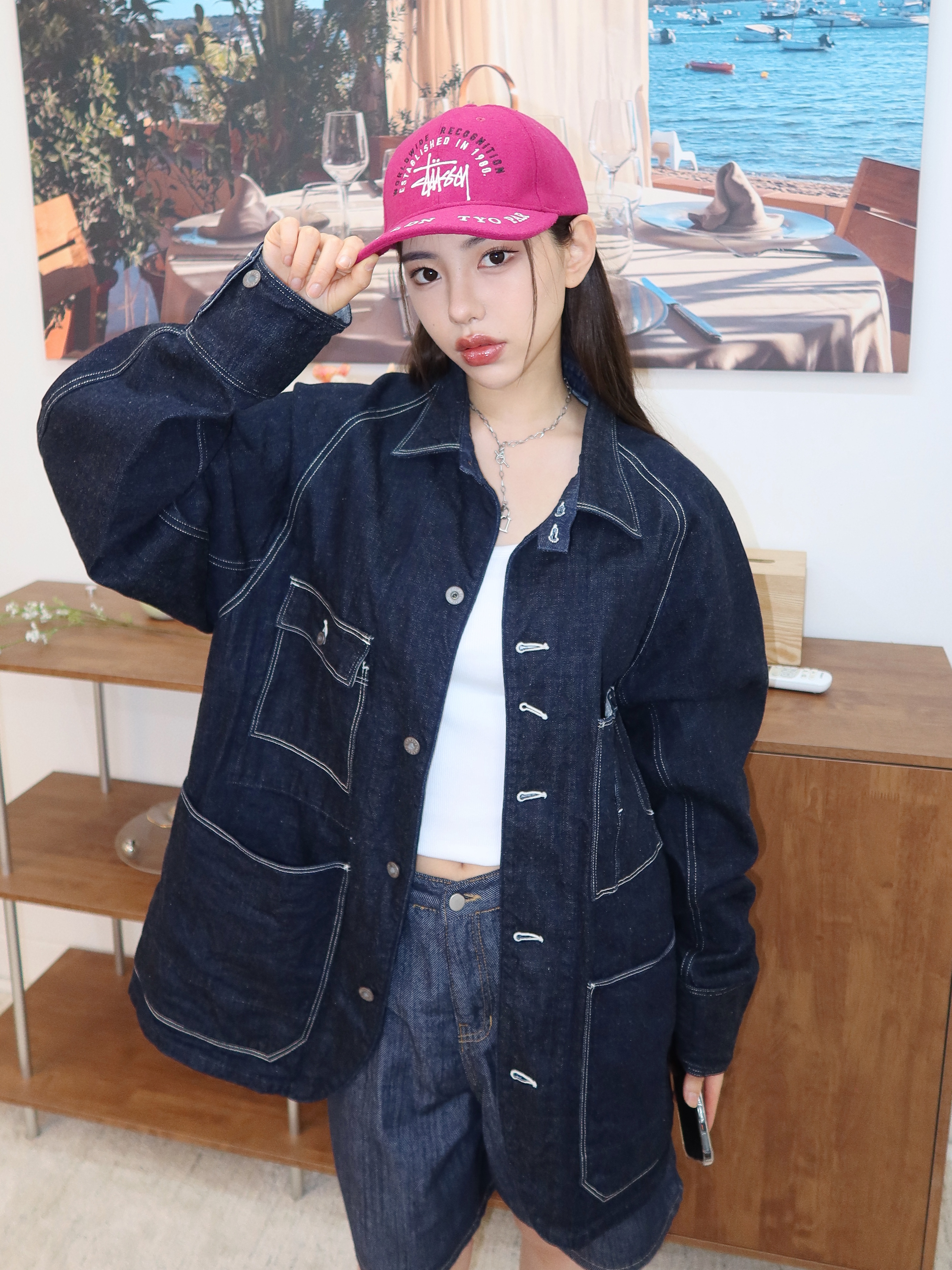 Stussy Worldwide Low Pro Cap Pink, Kapital 12 oz. Denim Cactus Coverall Indigo 착용 스타일