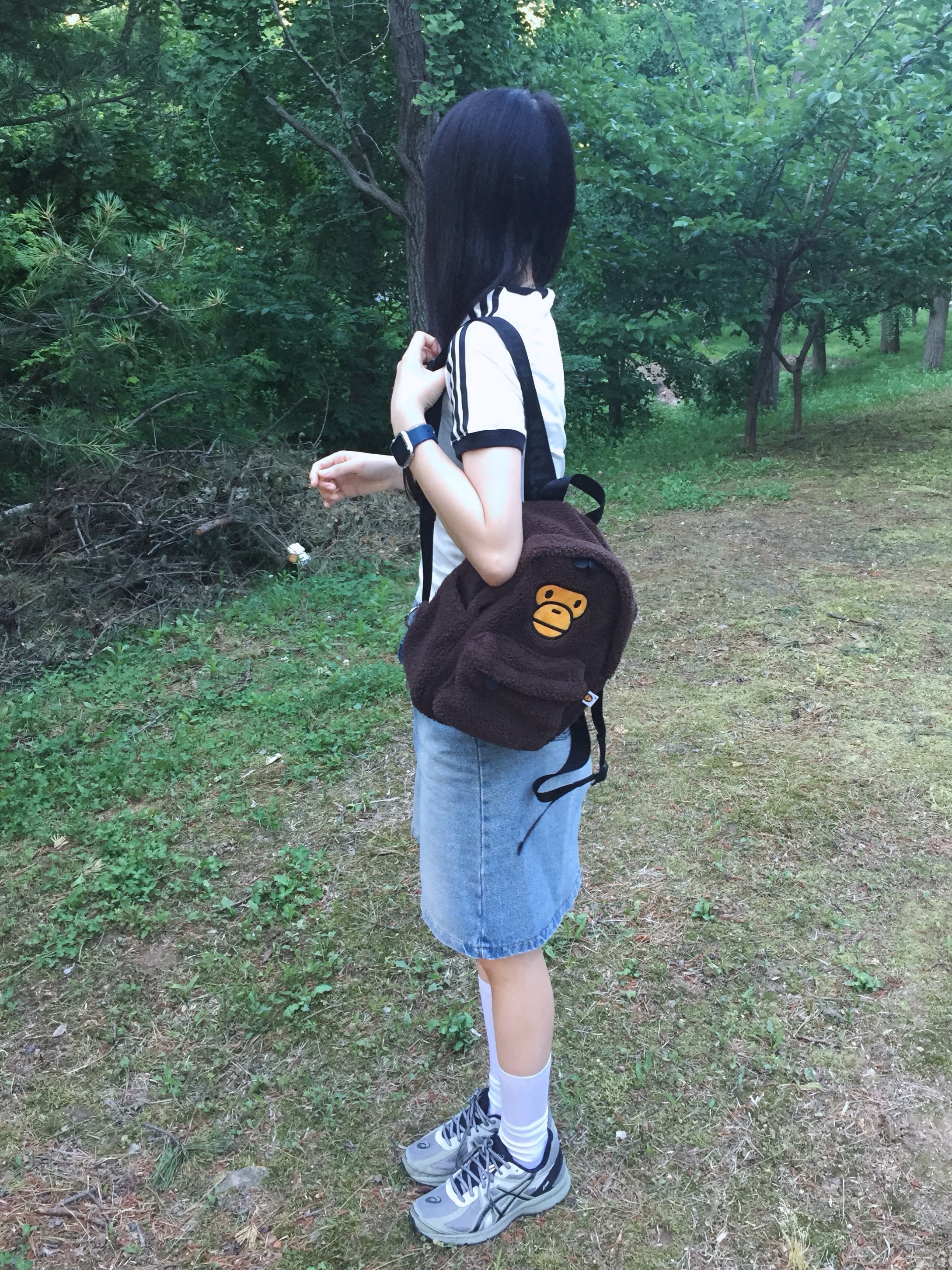 (W) Adidas 3-Stripes Slim Raglan T-Shirt White Melange - KR Sizing, BAPE Baby Milo Mini Fur Backpack Brown 착용 스타일 - 2