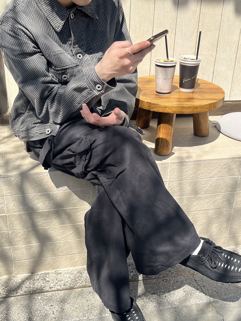 Polyteru Used Trucker Jacket Dyed Gray (Striped, Japanese Fabric), Polyteru Belted Cargo Pants 1.2v Black 착용 스타일 - 1