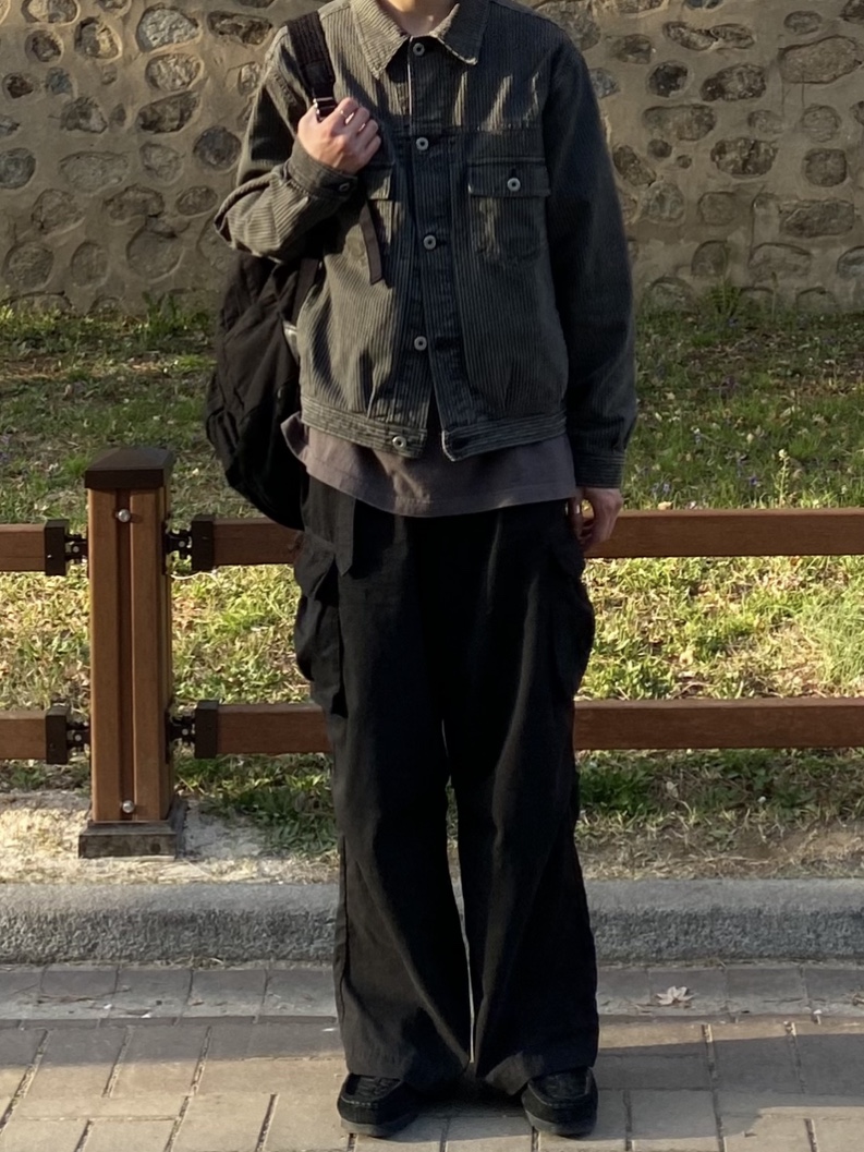 Polyteru Used Trucker Jacket Dyed Gray (Striped, Japanese Fabric), Polyteru Belted Cargo Pants 1.2v Black 착용 스타일 - 2