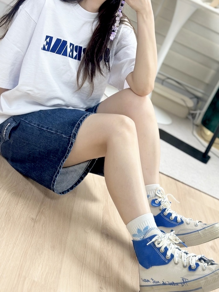 Supreme Stencil Embroidered S/S Top White - 24SS, Supreme x Nike Denim Short Indigo - 24SS 착용 스타일 - 1