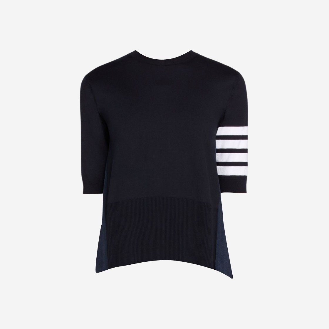 (W) Thom Browne Navy Silk Cotton Blend Sheer Pleated Back 4-Bar Striped T-Shirt Blue 상세 이미지 1