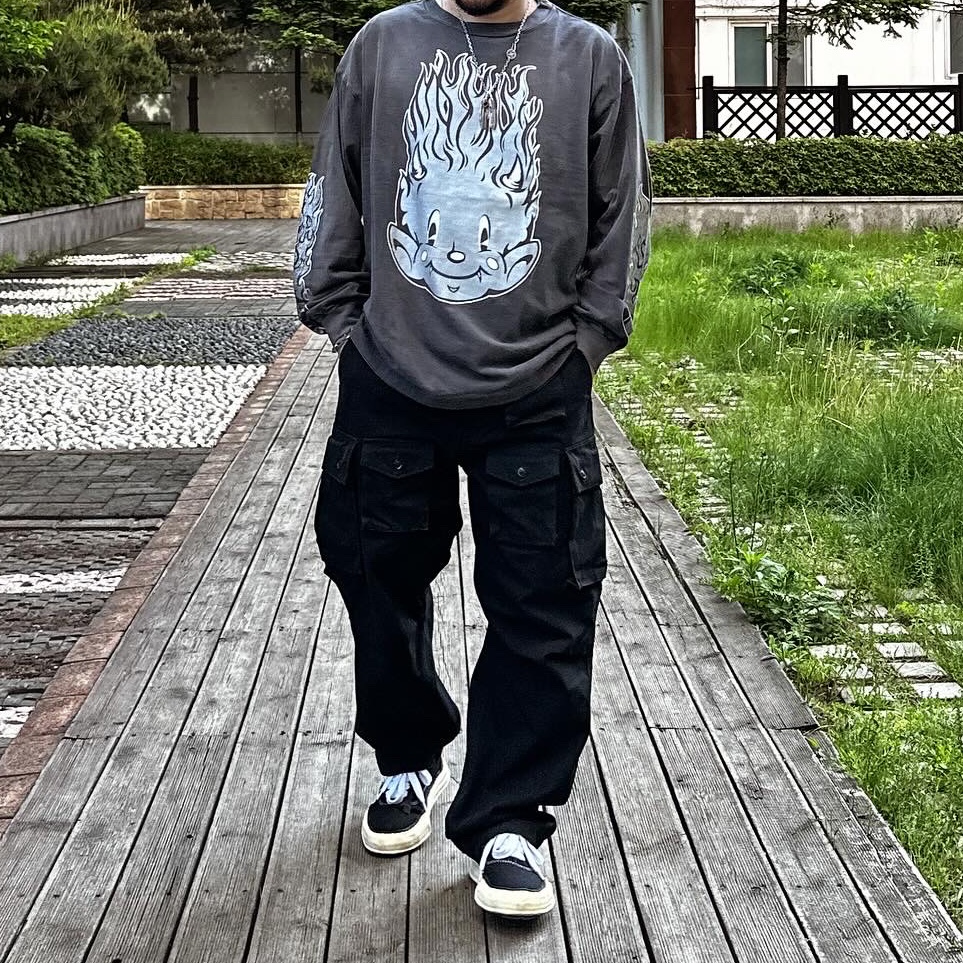 Saint Mxxxxxx Fire Baby L/S T-Shirt Black - 23SS, Maison Mihara Yasuhiro Baker OG Sole OD Canvas Low-top Sneakers Black 착용 스타일 - 1
