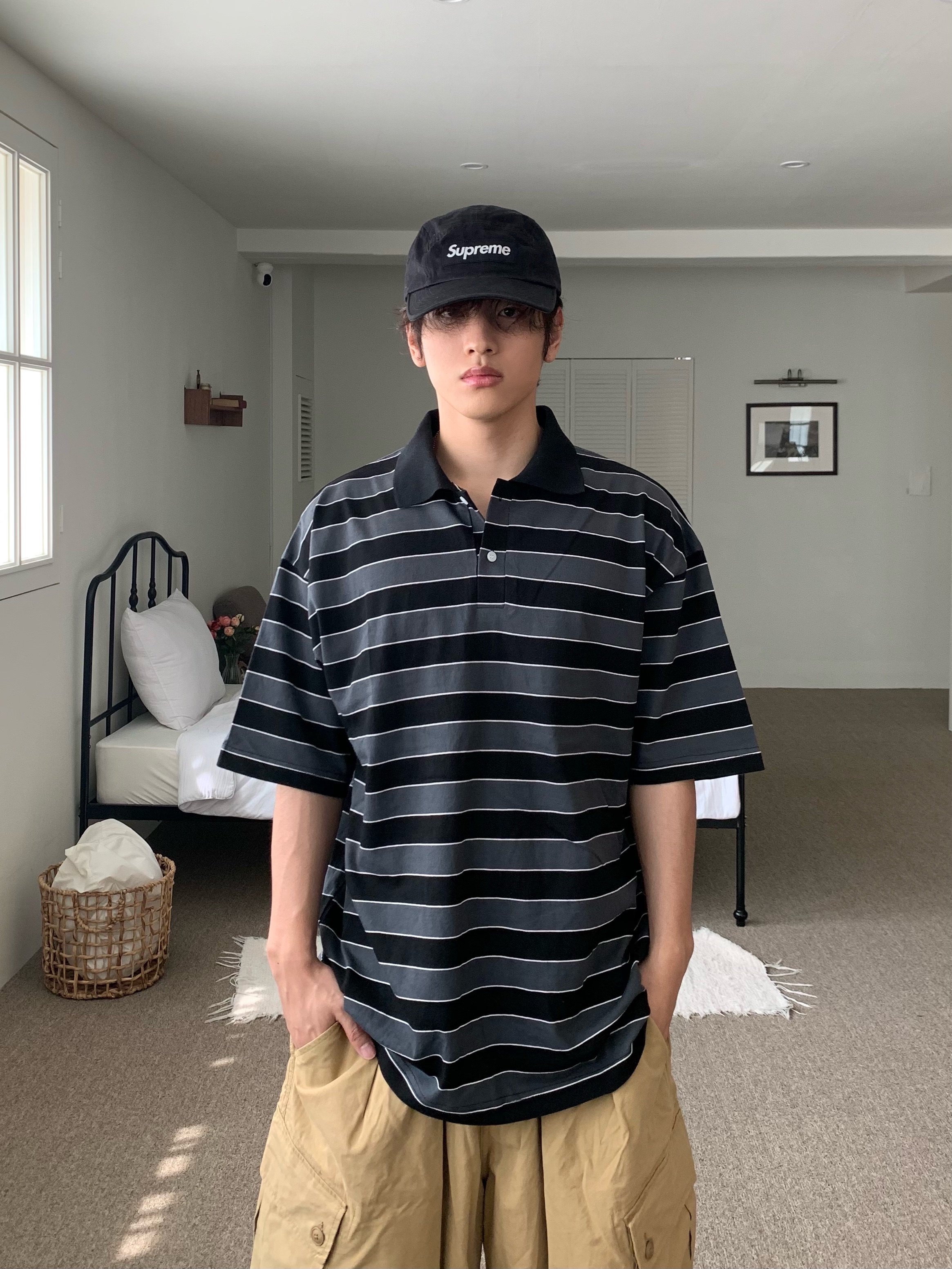 Supreme Washed Chino Twill Camp Cap Black 착용 스타일 - 2