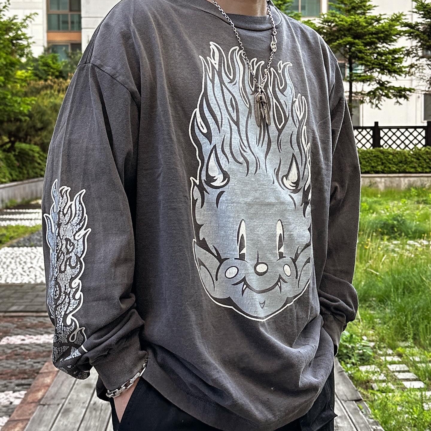 Saint Mxxxxxx Fire Baby L/S T-Shirt Black - 23SS, Maison Mihara Yasuhiro Baker OG Sole OD Canvas Low-top Sneakers Black 착용 스타일 - 2