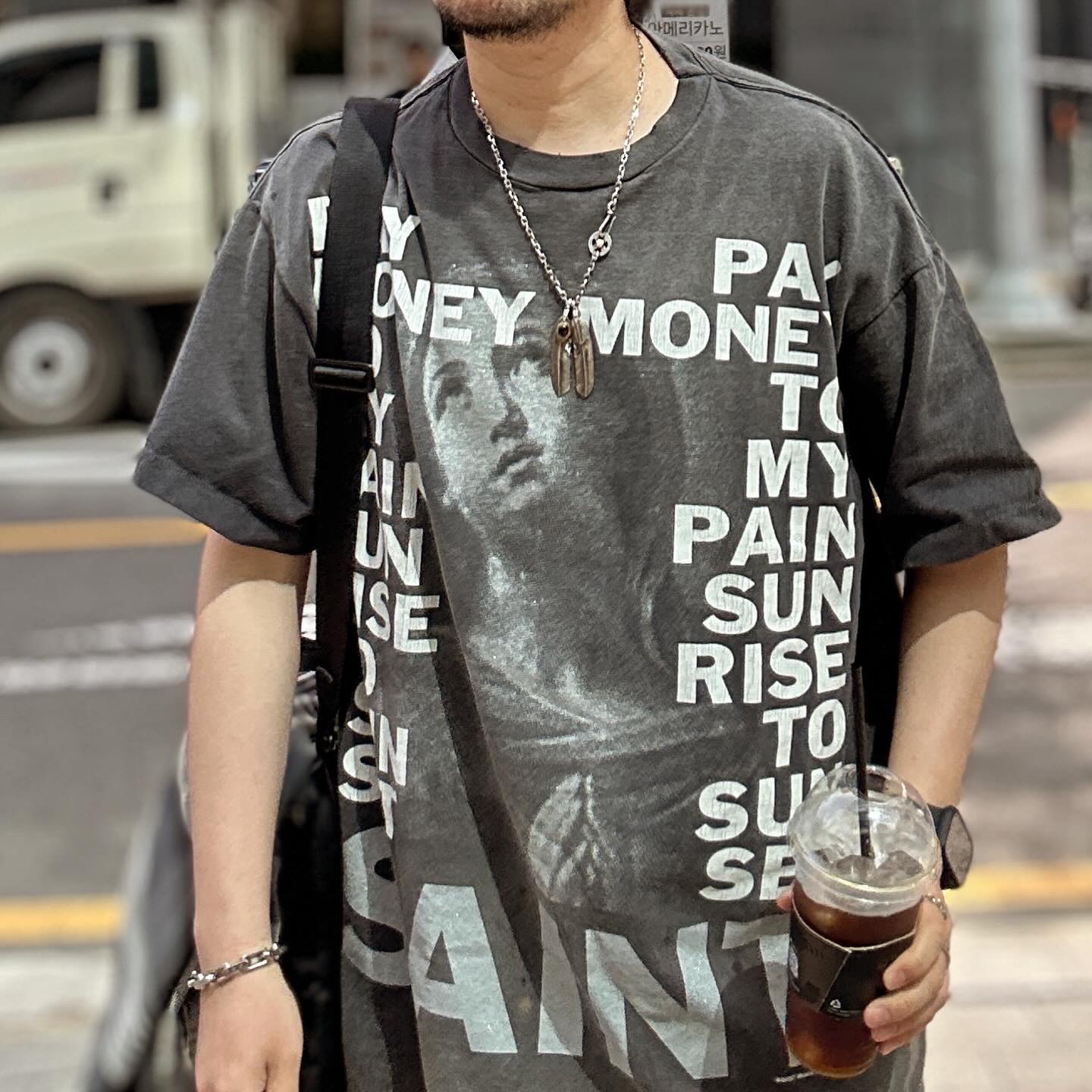 Saint Mxxxxxx × Pay Money To My Pain  S/S T-Shirt Black - 24SS, Saint Mxxxxxx SA Flannel Check Shirt Black - 23SS 착용 스타일 - 2