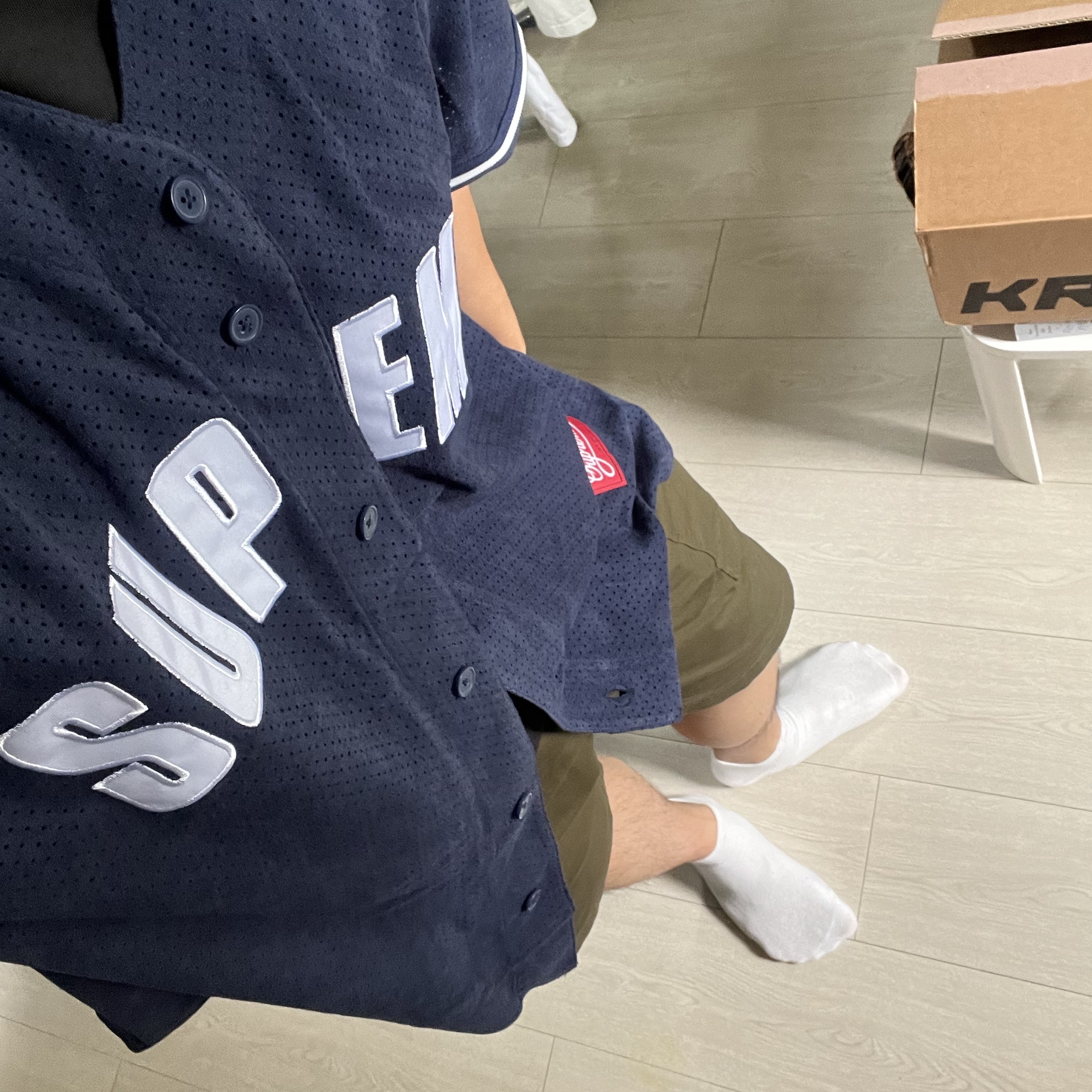 Supreme Ultrasuede Mesh Baseball Jersey Navy - 24SS 착용 스타일