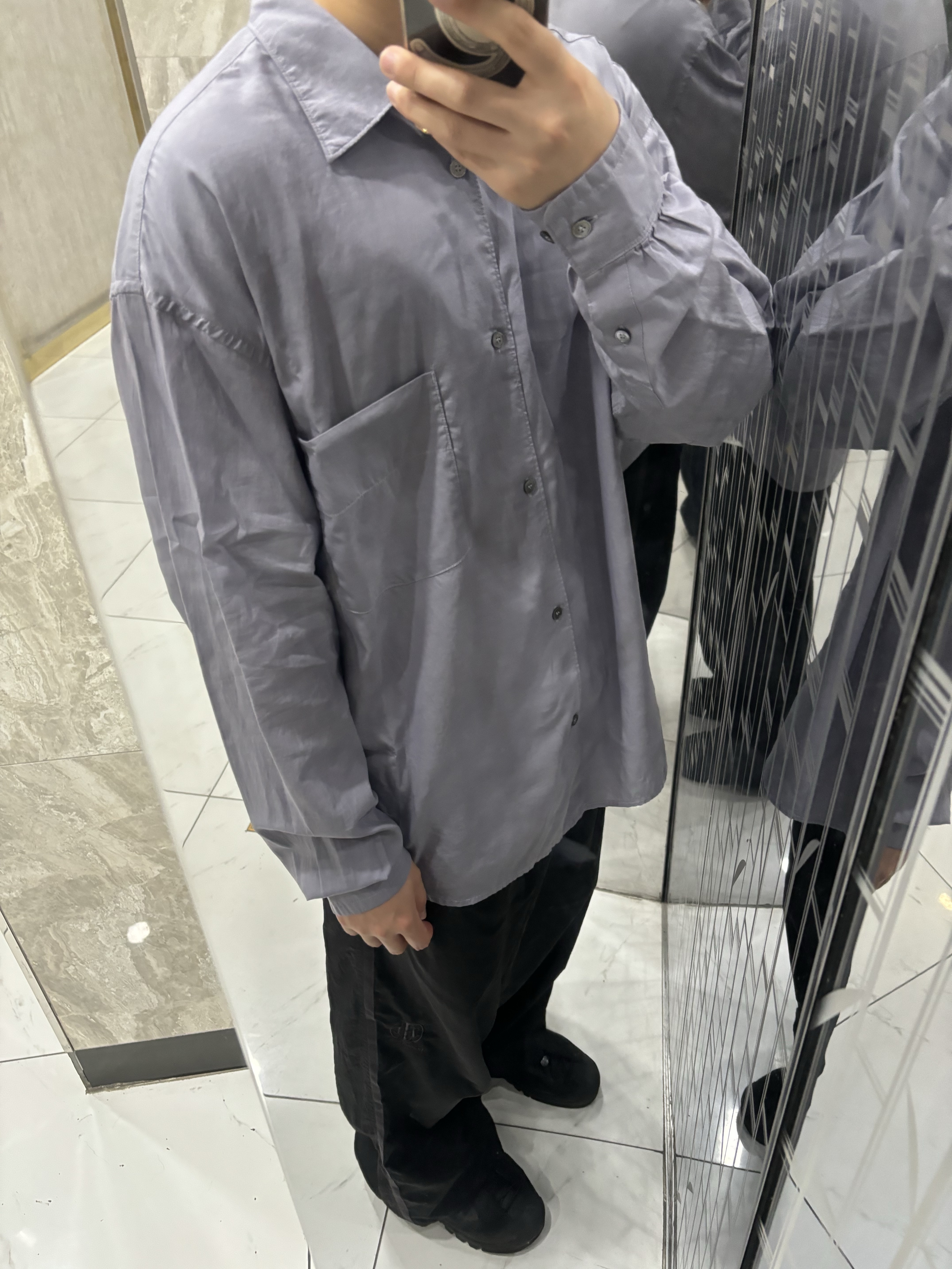 Polyteru Tenco Loosed Shirt 2.0 Mid Blue Gray, Polyteru Human Index Index Track Pants Black/Purple 착용 스타일