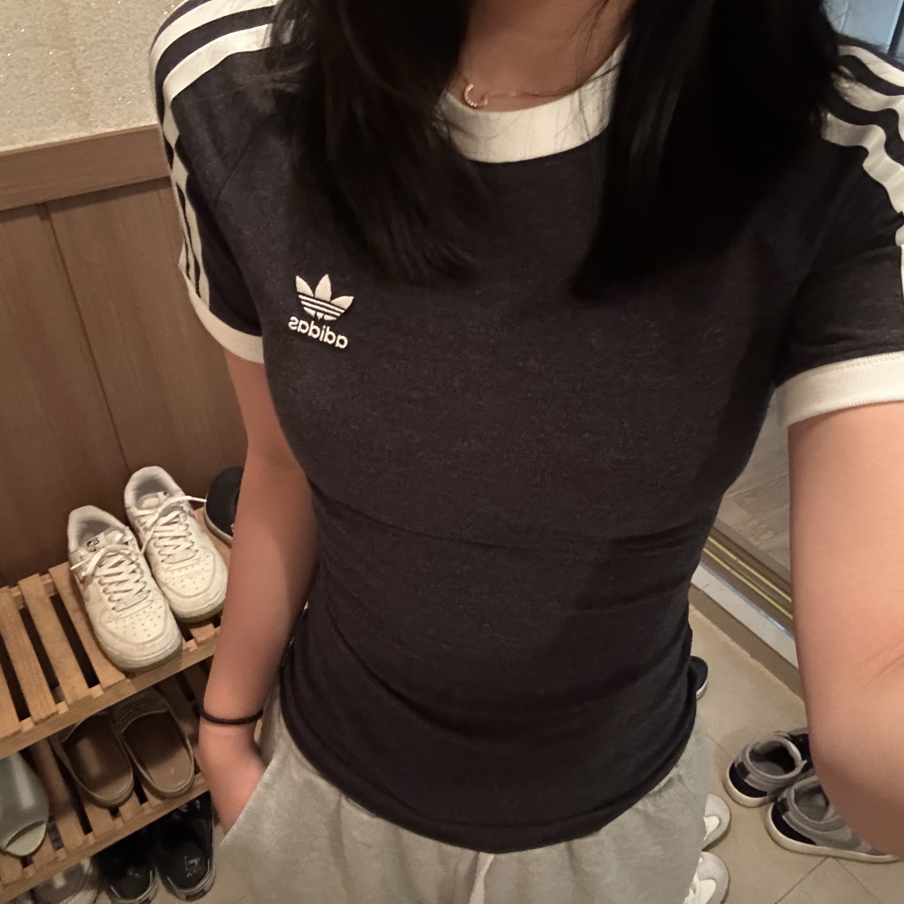 (W) Adidas 3S Slim Reglan T-Shirt Black Melange - KR Sizing 착용 스타일