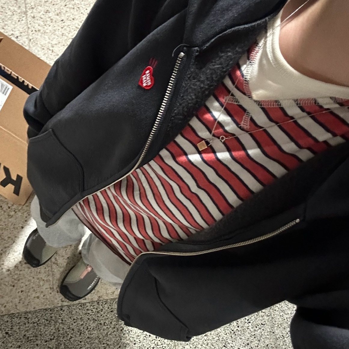 Salomon RX Slide 3.0 Pewter, Human Made Zip-Up Hoodie Black 착용 스타일 - 2