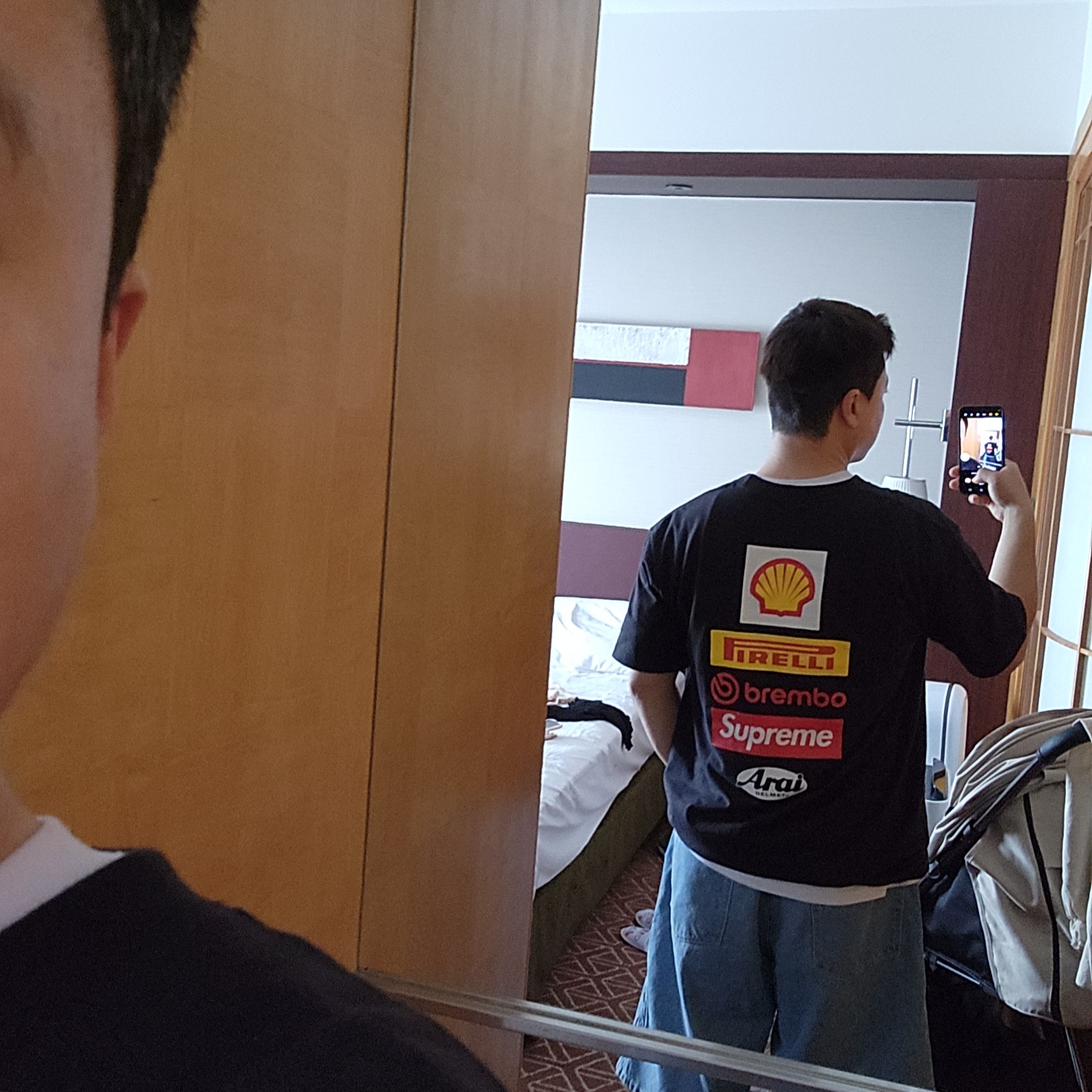 Supreme x Ducati Logos T-Shirt Black - 24SS, Supreme Script Baggy Denim Short Washed Indigo - 24SS 착용 스타일 - 2