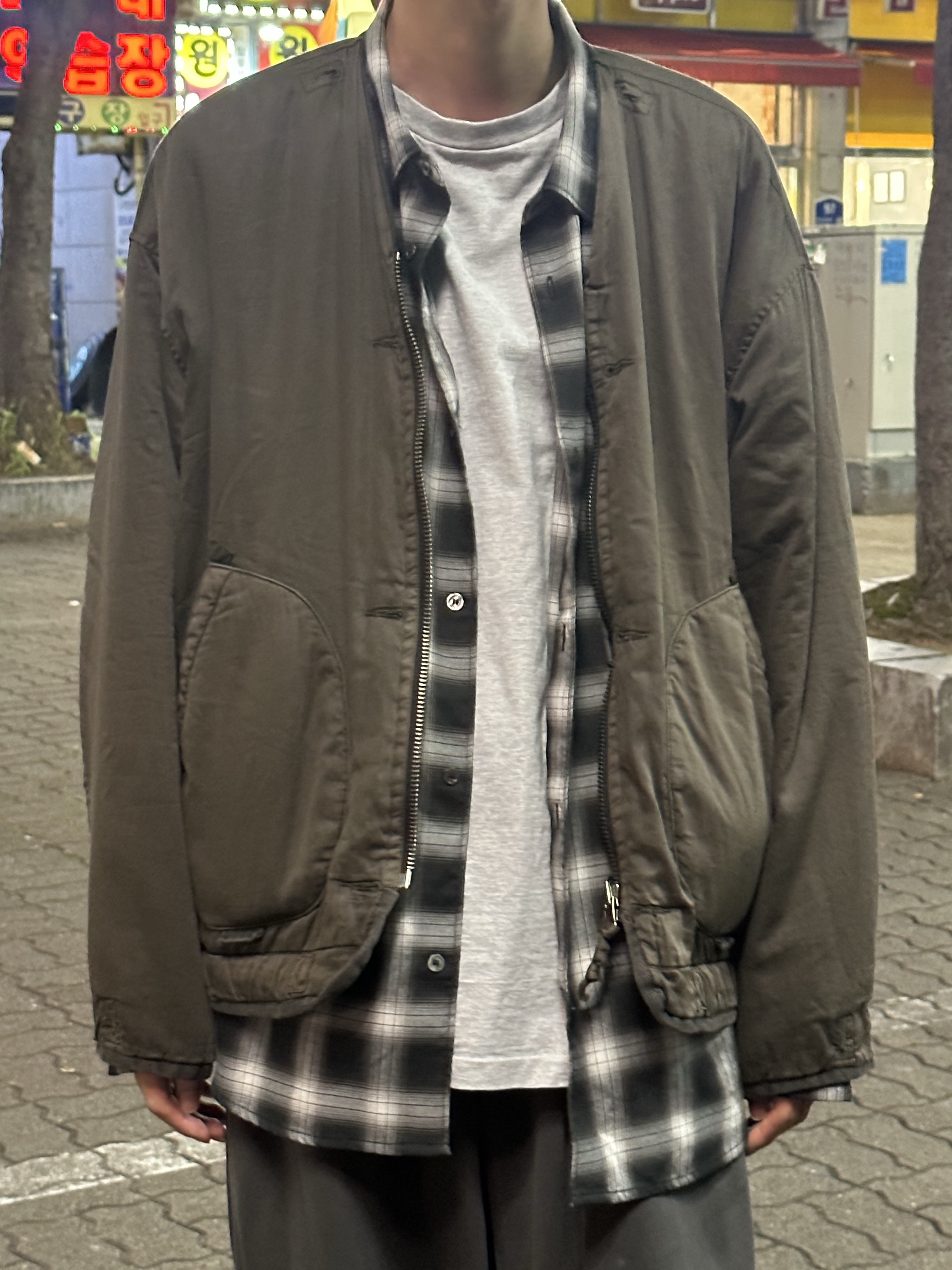 Polyteru 1011 Camou Liner Jacket Used Olive 착용 스타일 - 4