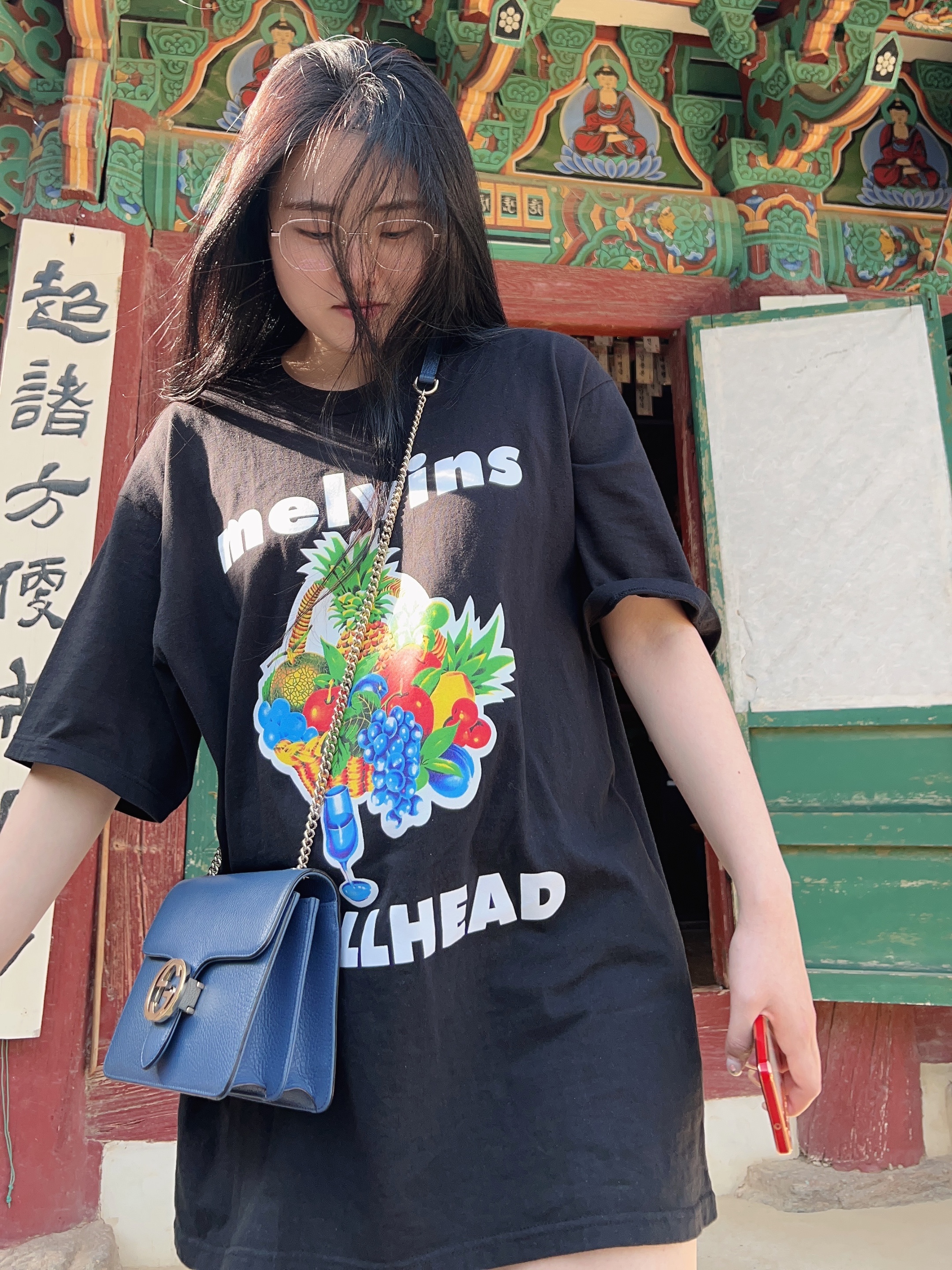 Supreme x Melvins Bullhead T-Shirt Black - 24SS, Gucci GG Interlocking Chain Shoulder Bag Blue 착용 스타일 - 1