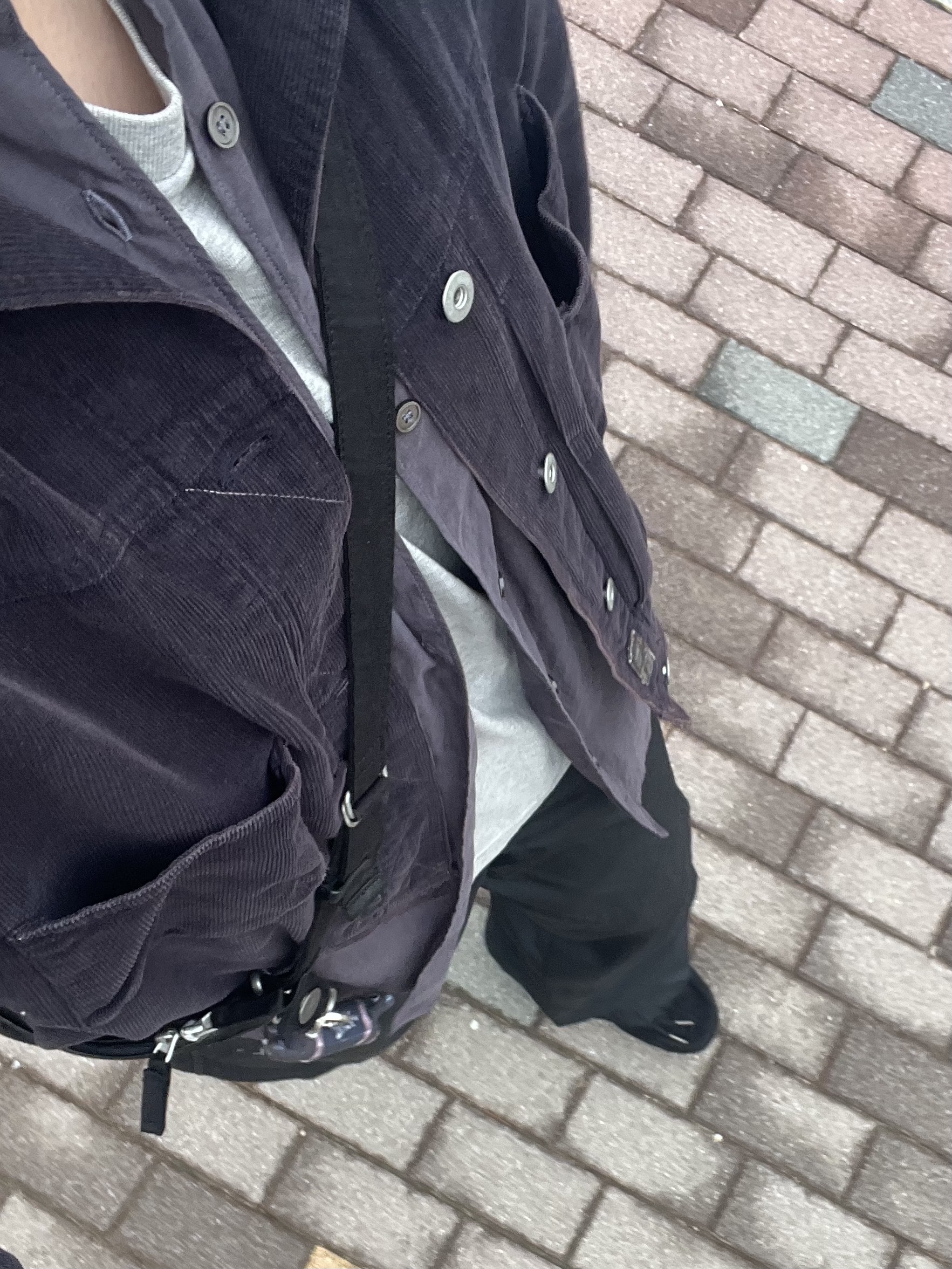Polyteru 1011 Paisley Trucker Jacket Corduroy Dark Purple Navy, Polyteru 1011 Fatigue Sweatpants 1.2v Bleached Black 착용 스타일 - 1