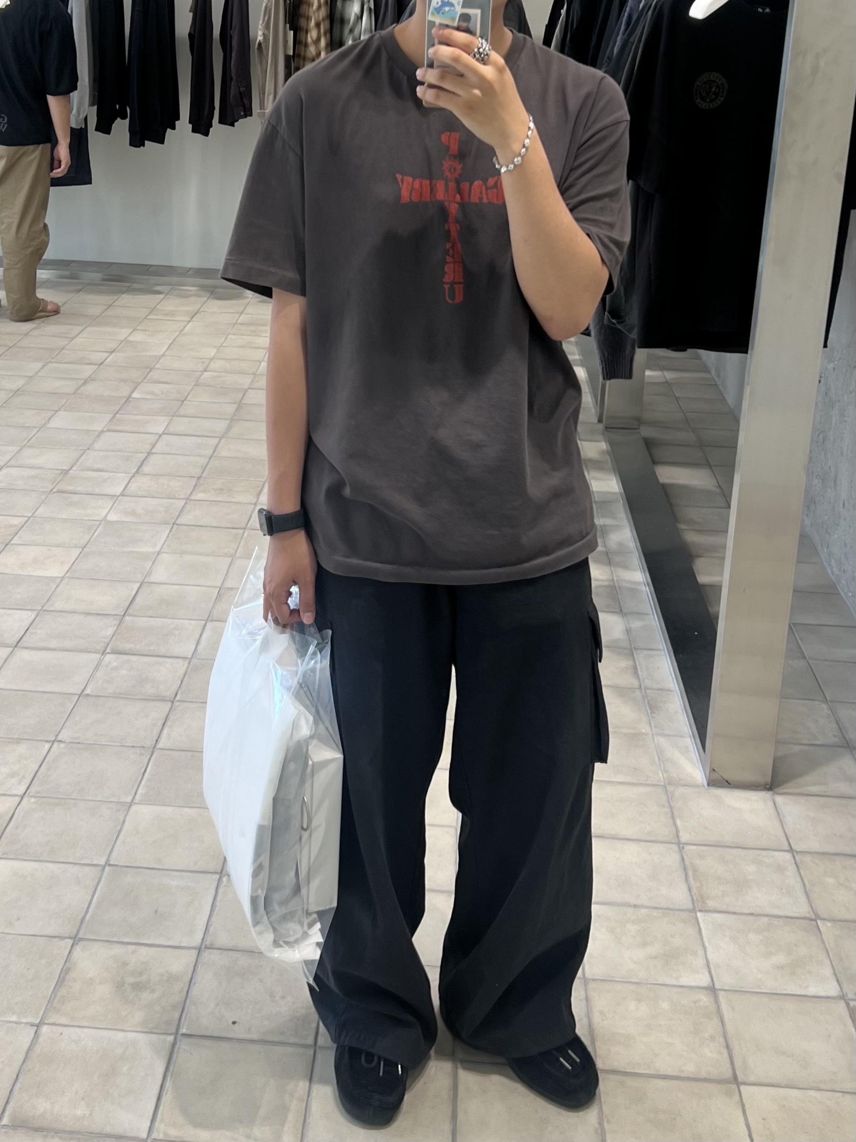 Polyteru 1011 1/2 Graphic T Shirt 'Cross Tee' Washed Charcoal Brown, Polyteru Human Index Index Cargo Pants Black 착용 스타일 - 2