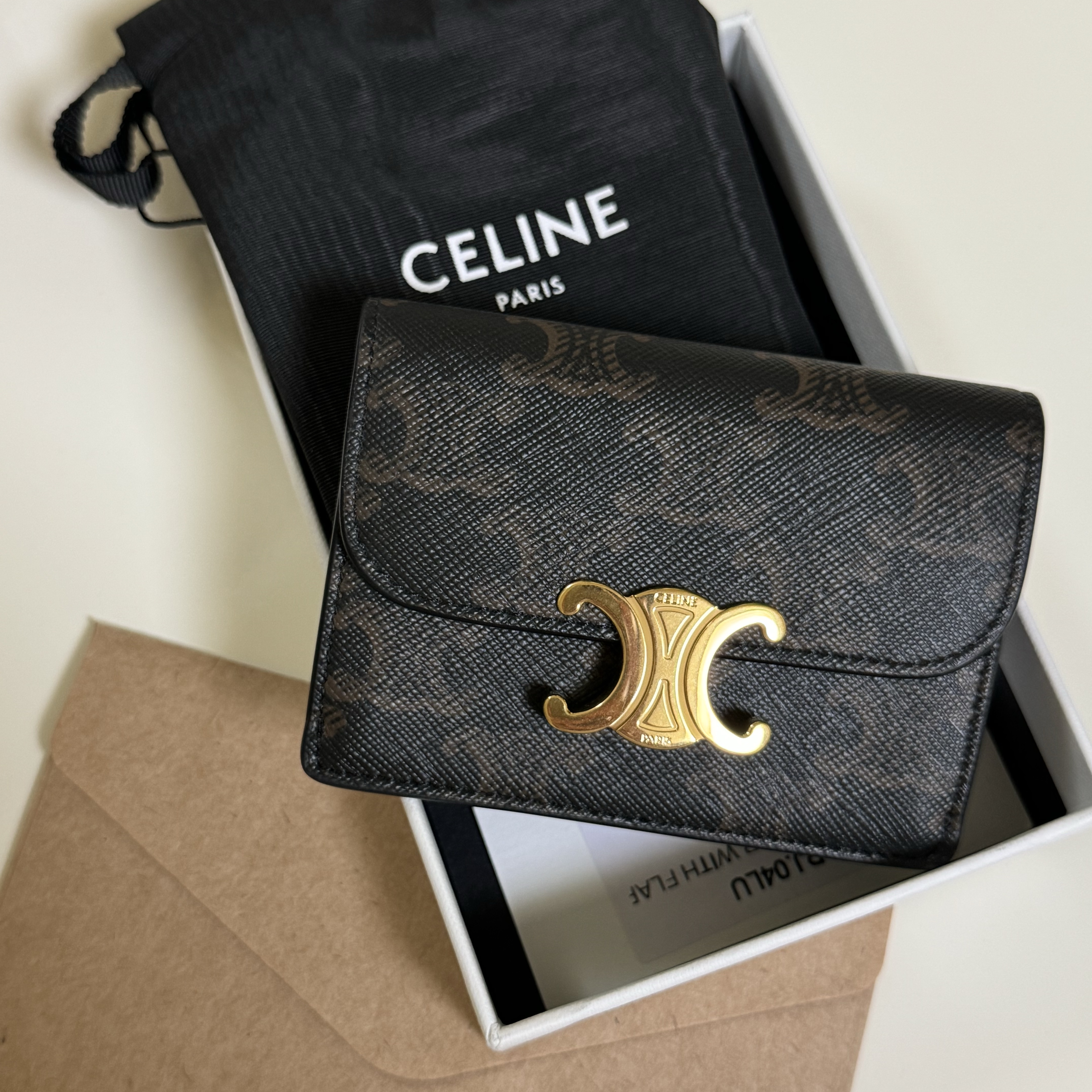 Celine Card Holder with Flap in Triomphe Canvas Tan 착용 스타일