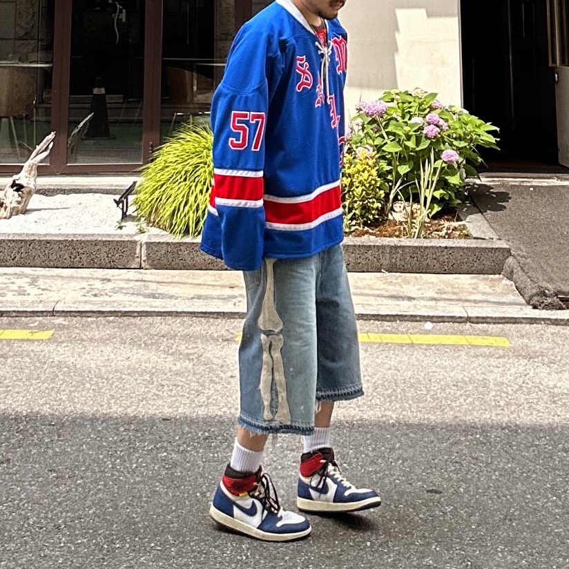 Saint Mxxxxxx Game Shirt L/S T-Shirt Blue - 23SS, Kapital 14 oz. Denim 5P Bone Embroidery Short Pants Indigo (Processing) 착용 스타일 - 1