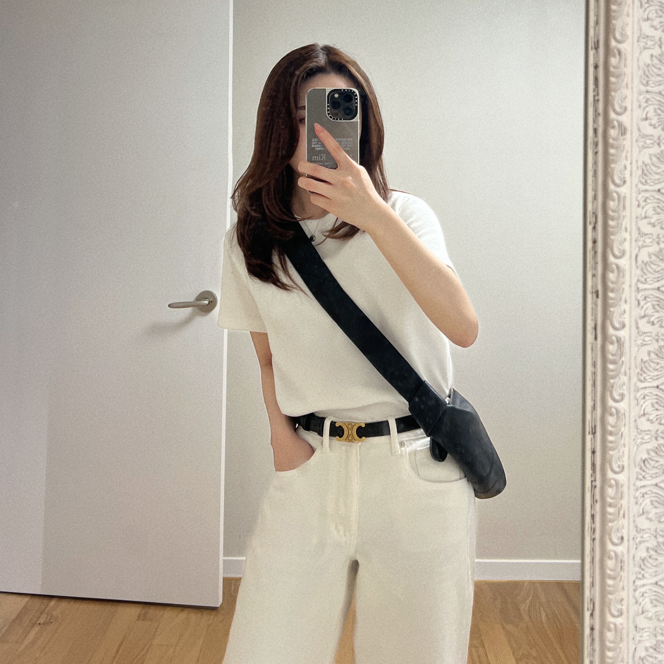 (W) Celine Small Triomphe Belt in Smooth Calfskin Black, Lemaire Small Croissant Bag Soft Nappa Leather Black 착용 스타일