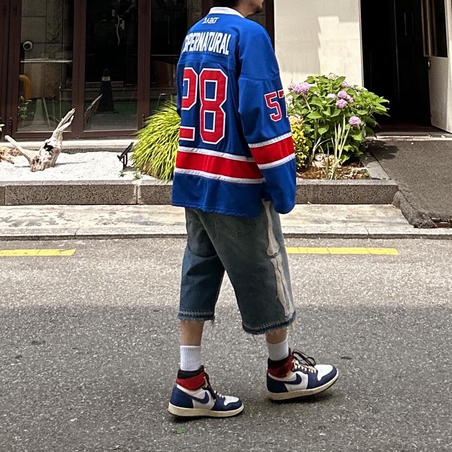 Saint Mxxxxxx Game Shirt L/S T-Shirt Blue - 23SS, Kapital 14 oz. Denim 5P Bone Embroidery Short Pants Indigo (Processing) 착용 스타일 - 2