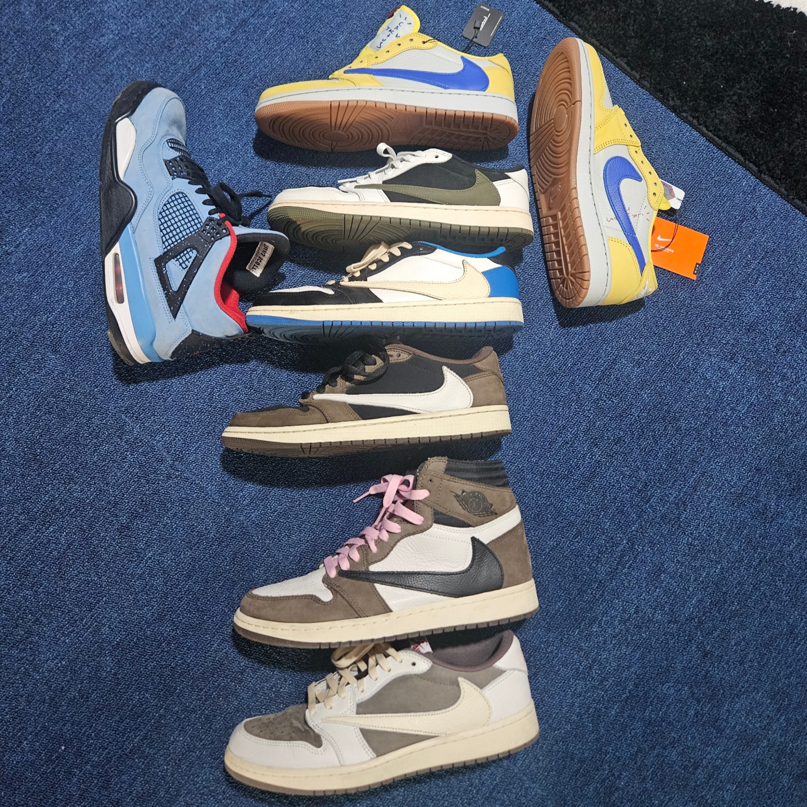 (W) Jordan 1 x Travis Scott Retro Low OG SP Medium Olive, Jordan 1 x Travis Scott x Fragment Retro Low OG SP Military Blue 착용 스타일