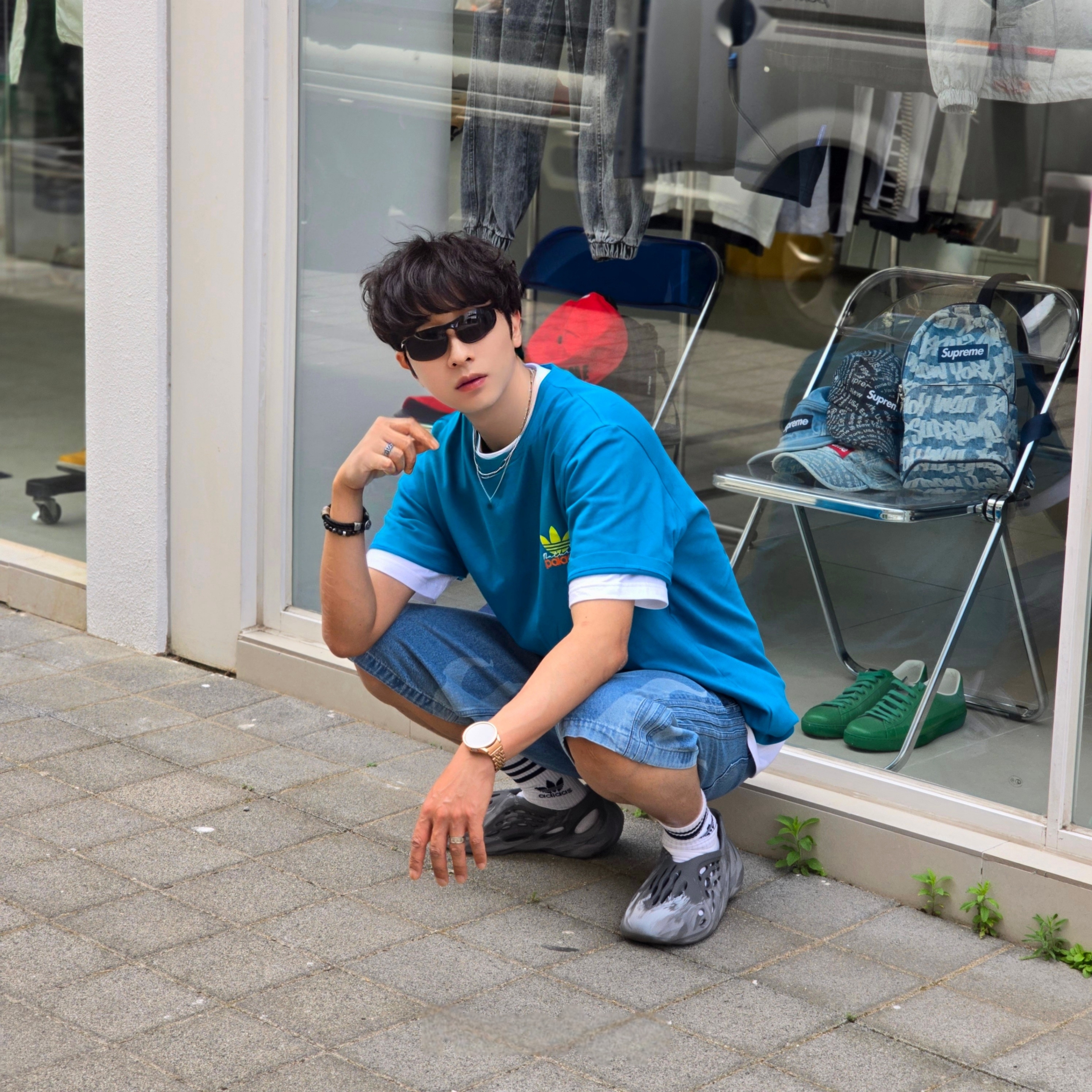 Palace x Adidas Nature T-Shirt Mystery Petrol - 22SS, Adidas Flames Denim Shorts Blue - KR Sizing 착용 스타일 - 6