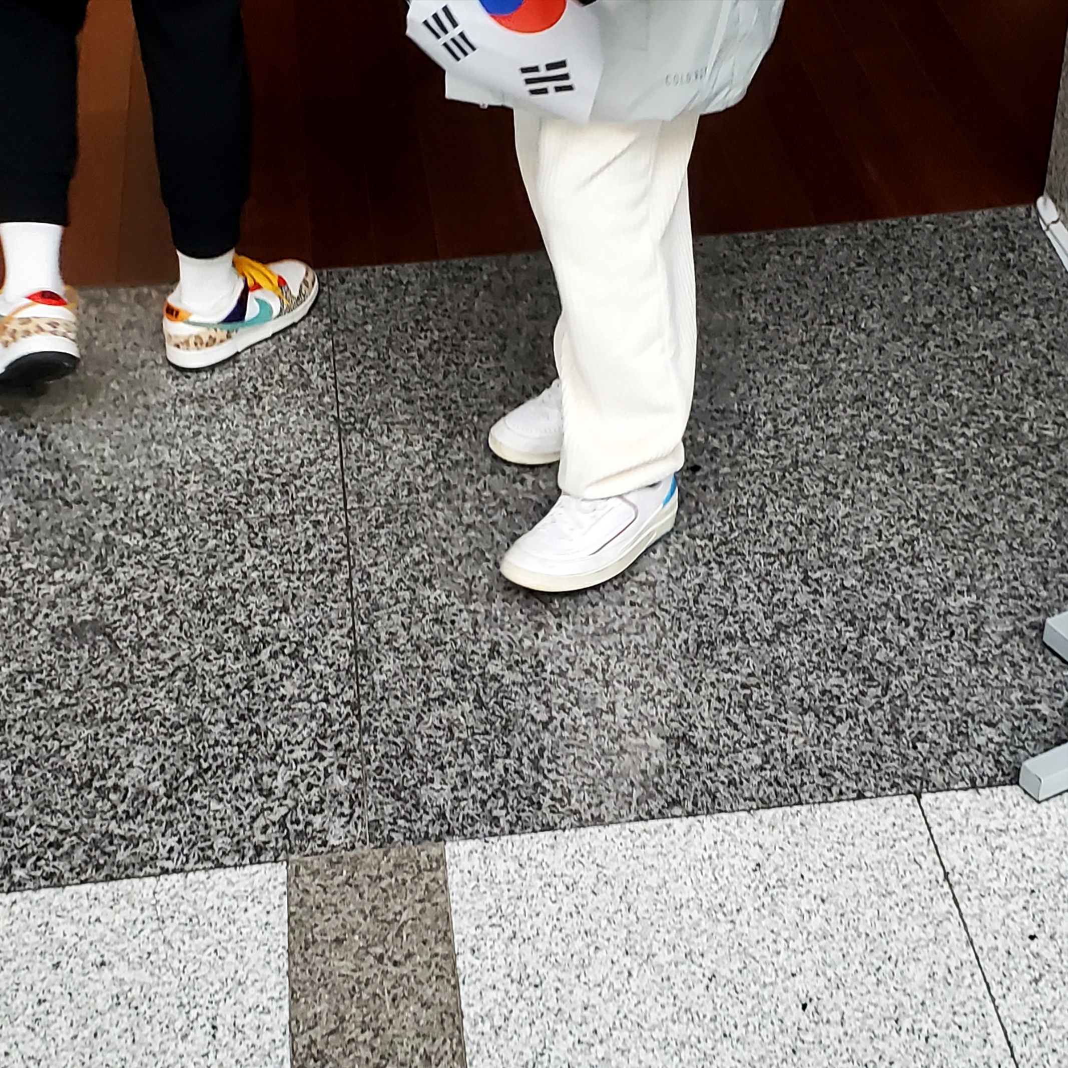 (W) Nike Dunk Low SE Patchwork, (W) Jordan 2 Retro Low Gym Red and Dark Powder Blue 착용 스타일