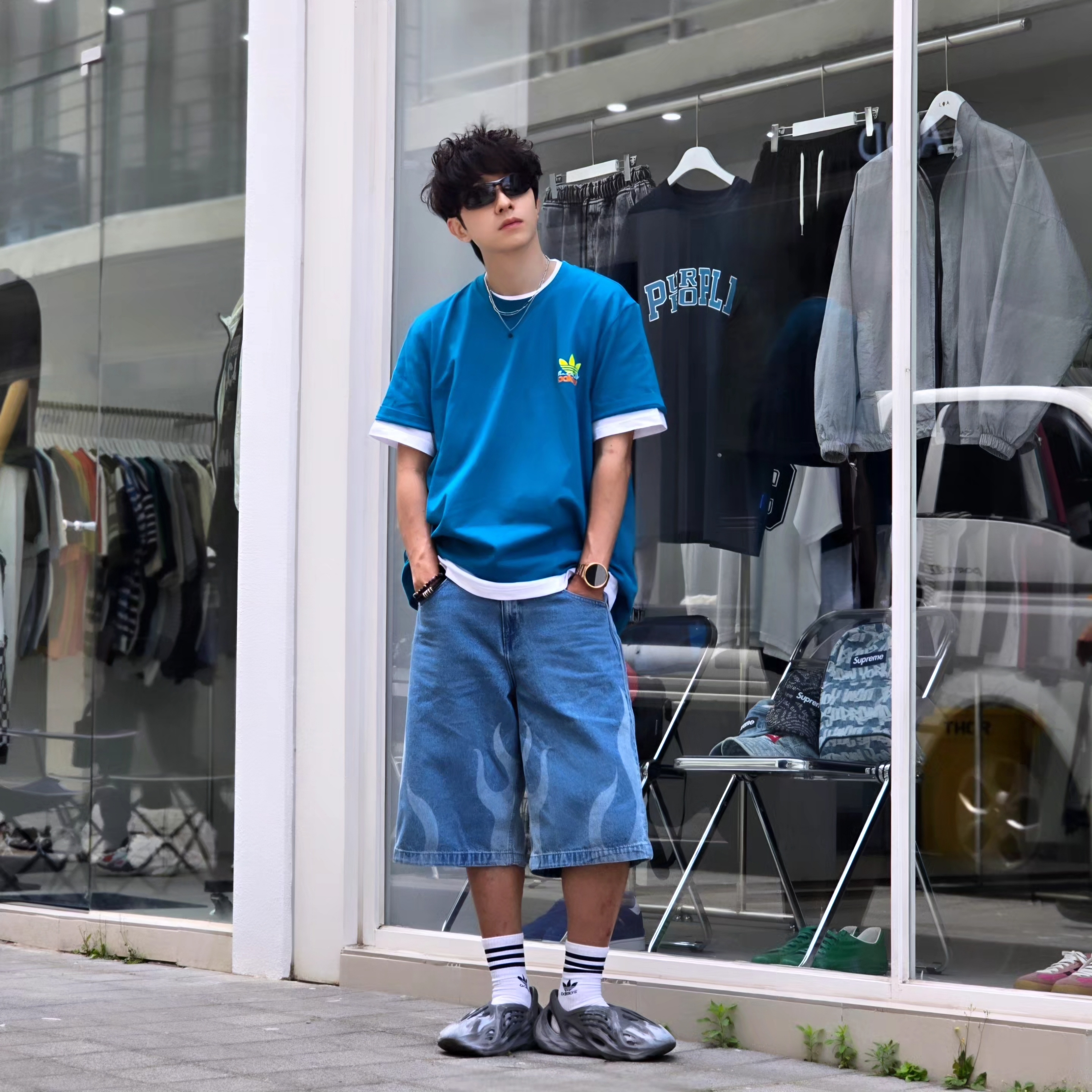 Palace x Adidas Nature T-Shirt Mystery Petrol - 22SS, Adidas Flames Denim Shorts Blue - KR Sizing 착용 스타일 - 7