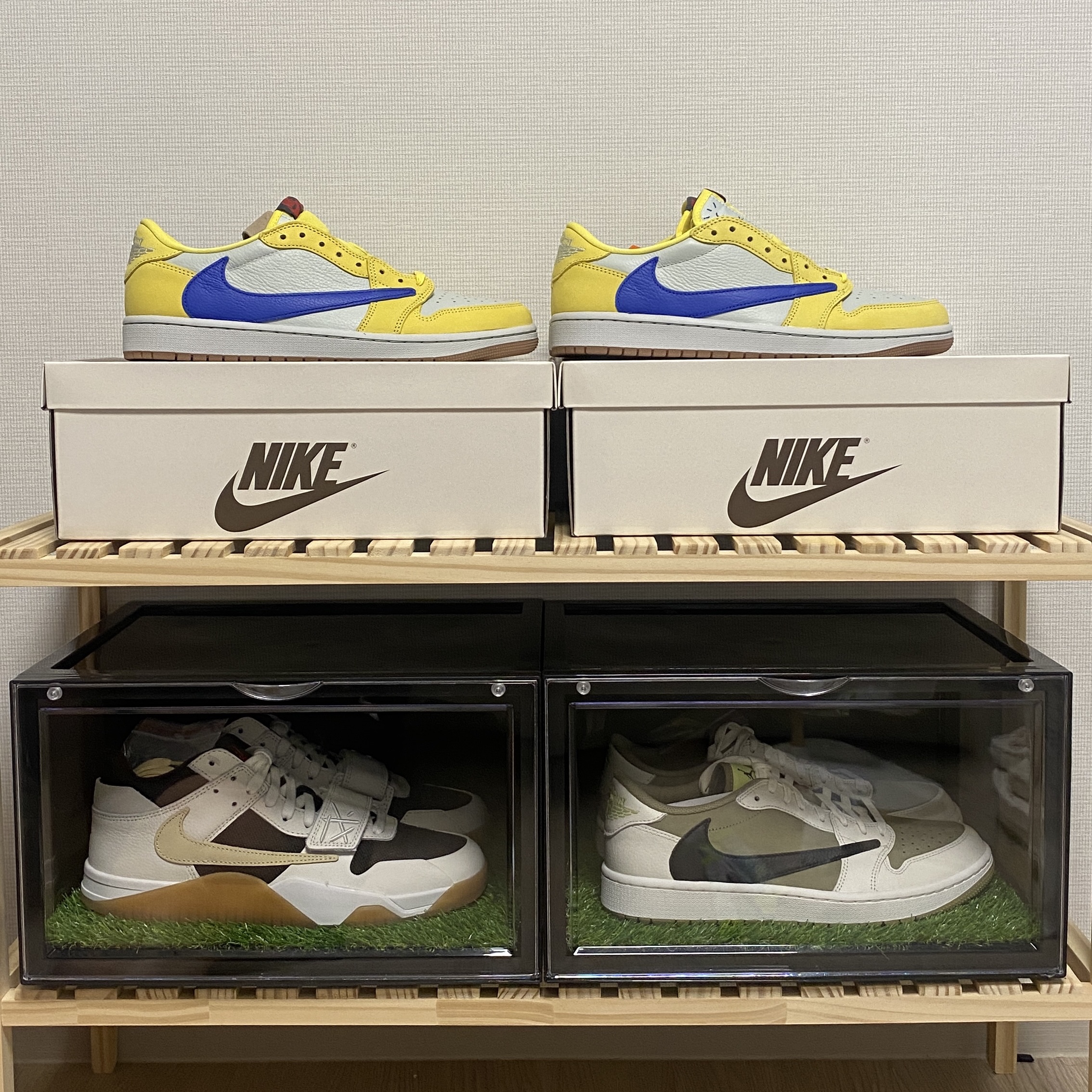 Jordan x Travis Scott Jumpman Jack TR Sail and Dark Mocha, Jordan 1 x Travis Scott Retro Low Golf NRG Neutral Olive 착용 스타일